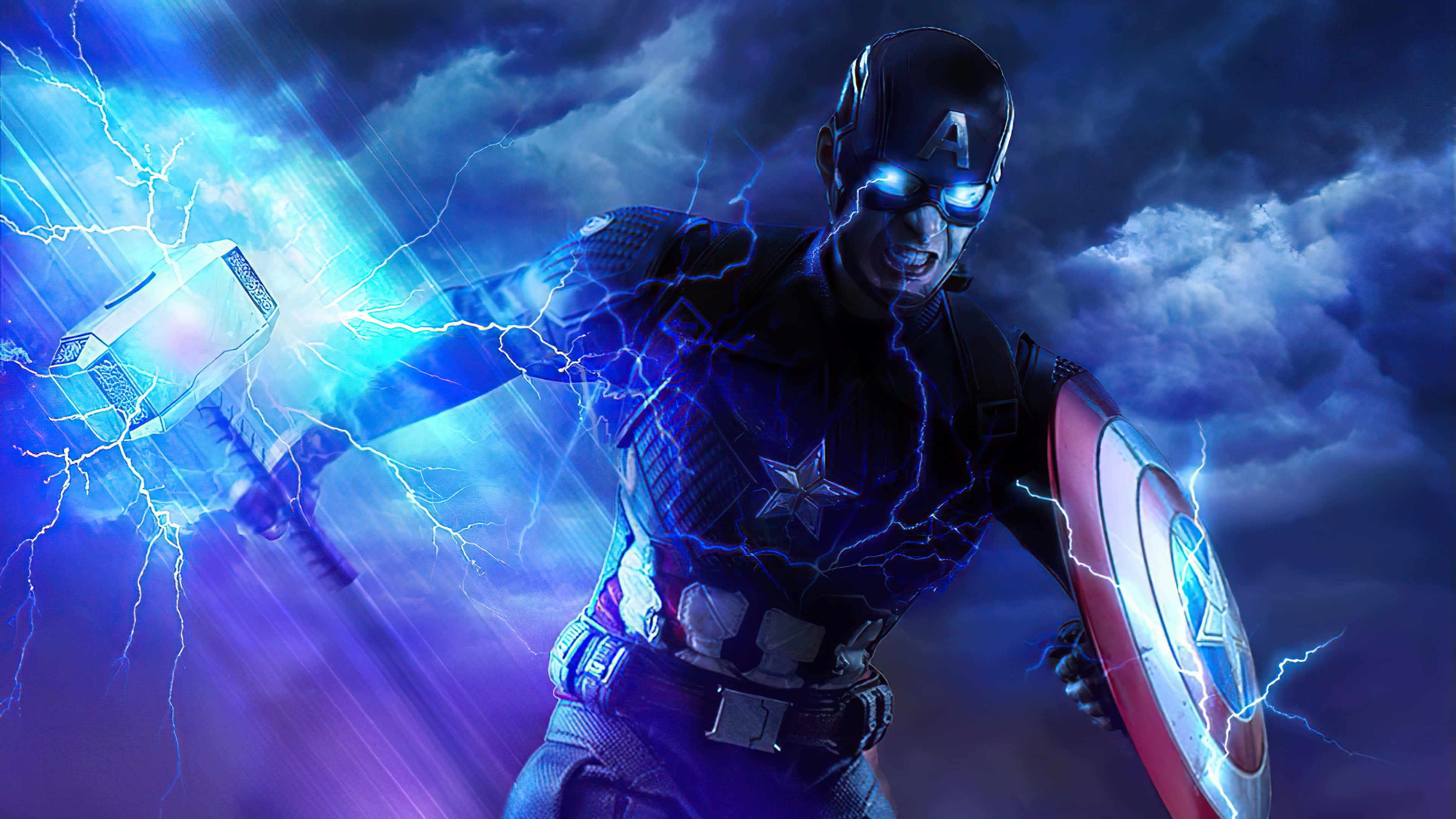 4K Captain America 桌布 壁紙 — 美國隊長在暴風雨的天空下，伴隨著劈啪作響的藍色閃電，揮舞著雷神之錘。