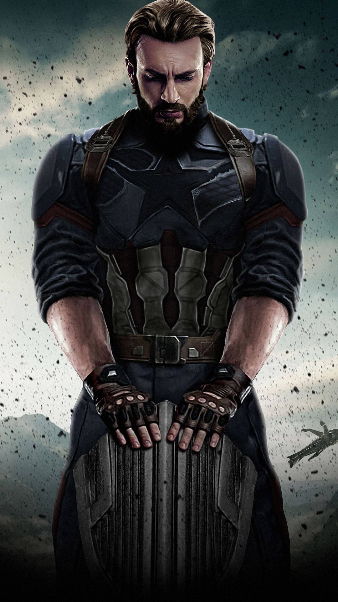 Best Captain America 桌布 壁紙 — 美國隊長在暴風雨的天空下，周圍碎片飛揚，莊嚴地舉著盾牌。