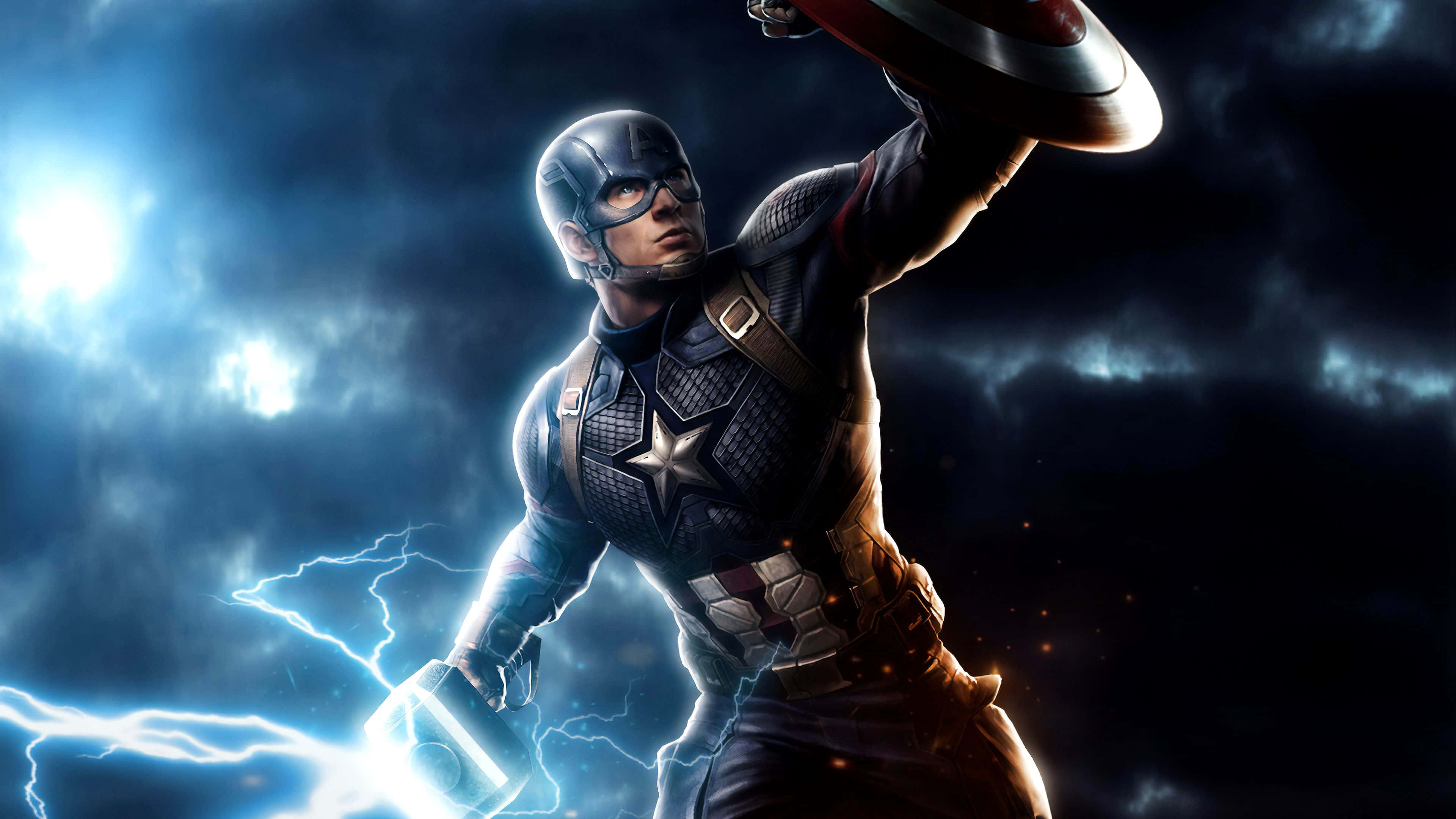 Captain America Desktop 桌布 壁紙 — 美國隊長在暴風雨的天空下英勇地站立，揮舞著他的盾牌和發光的能量武器。