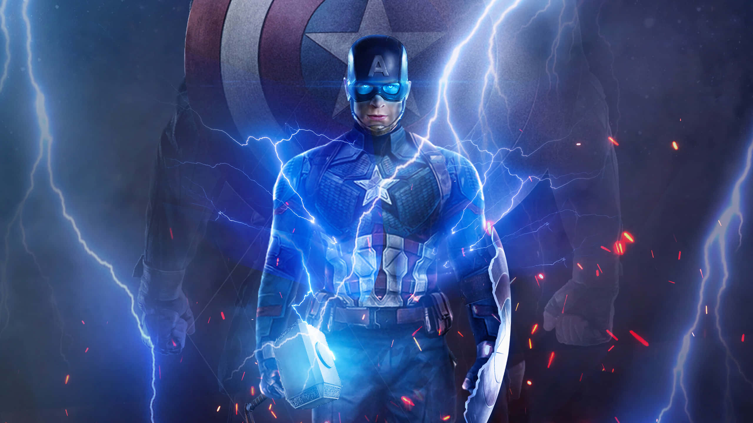 4K Captain America 桌布 壁紙 — 美國隊長在暴風雨的黑暗場景中觸電，閃電在他周圍劈啪作響，盾牌在身後。