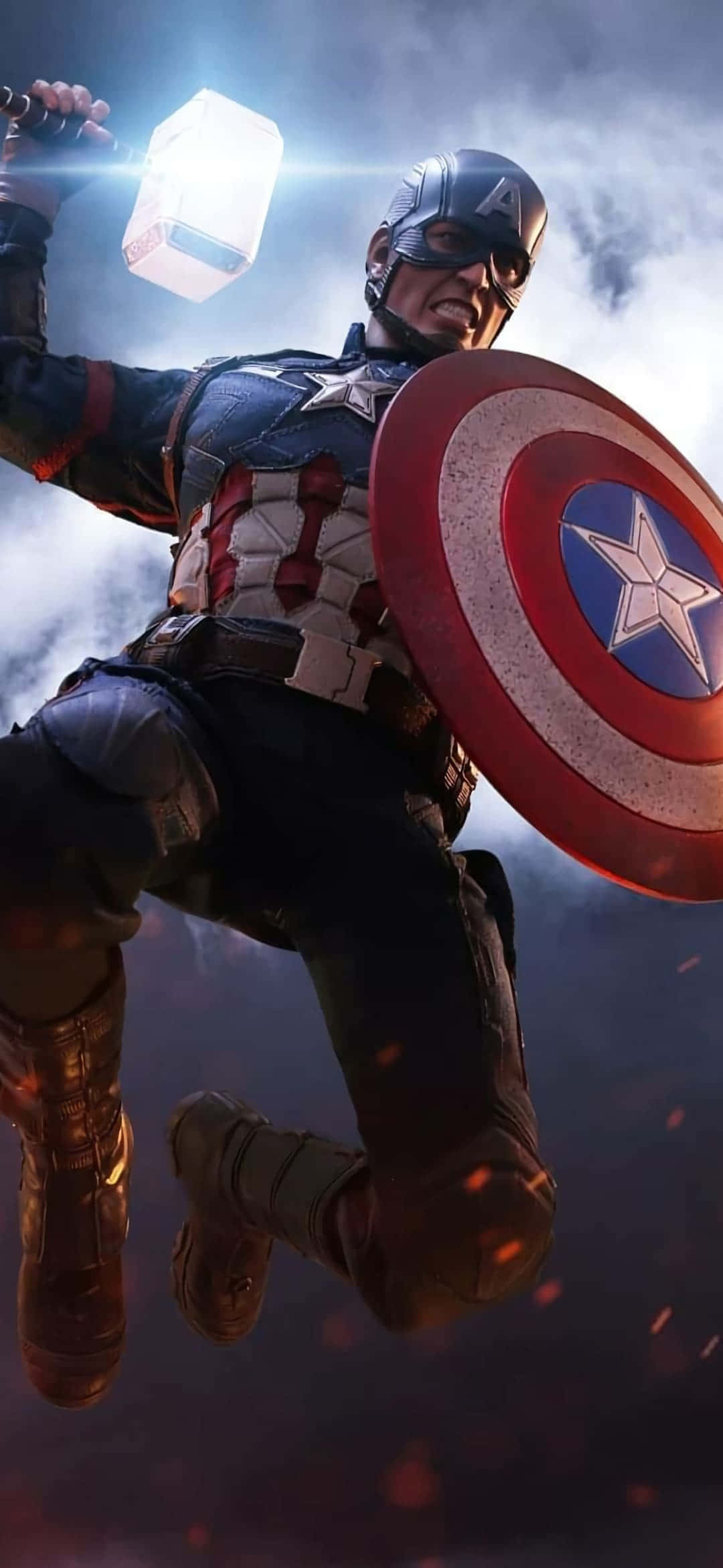 Captain America Android 桌布 壁紙 — 美國隊長在暴風雨背景下，手持雷神之鎚和他標誌性的盾牌向前躍進。