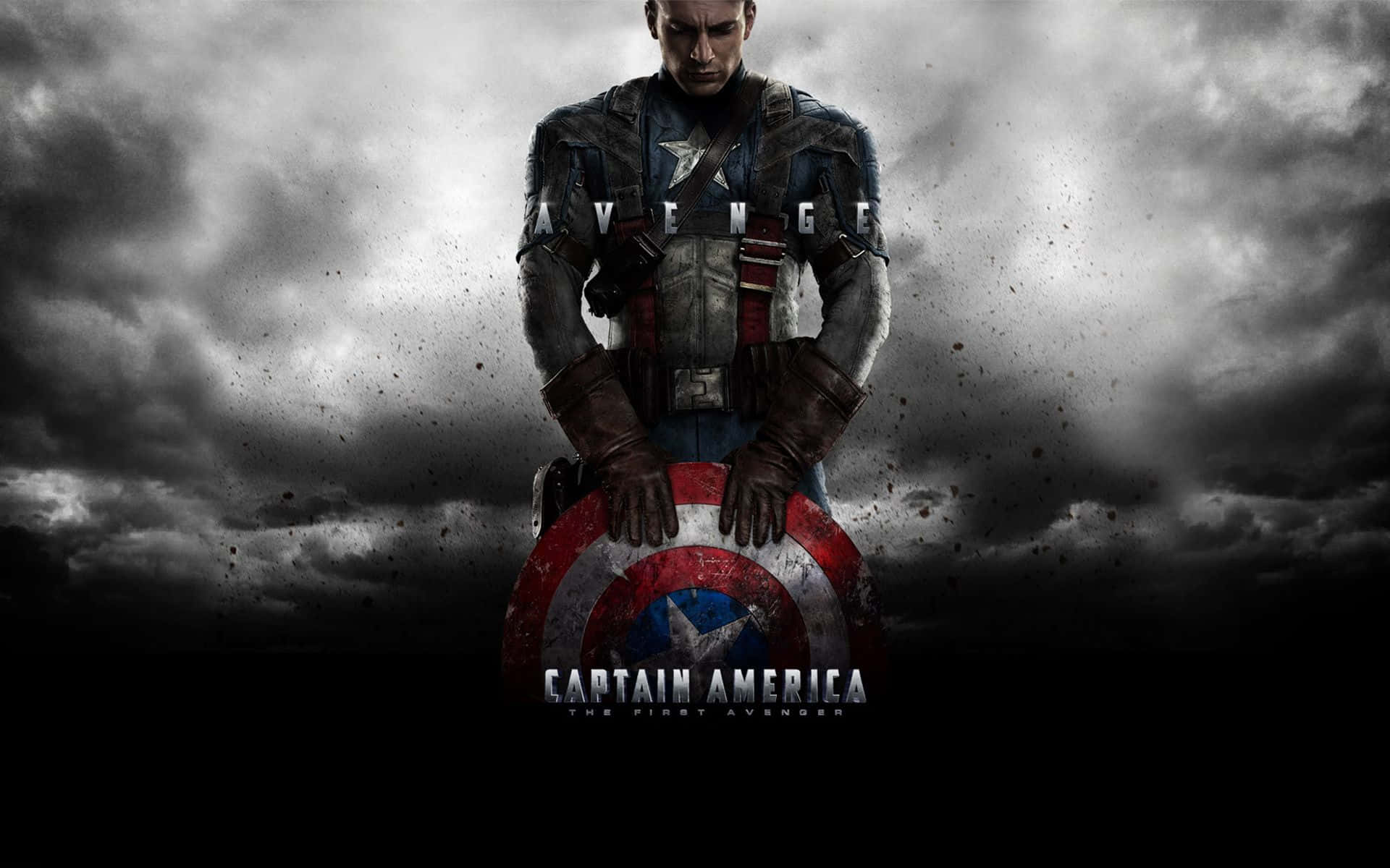 Marvel Movie 桌布 壁紙 — 美國隊長在暴風雨般的灰色天空下，戲劇性的燈光中莊嚴地舉著盾牌。