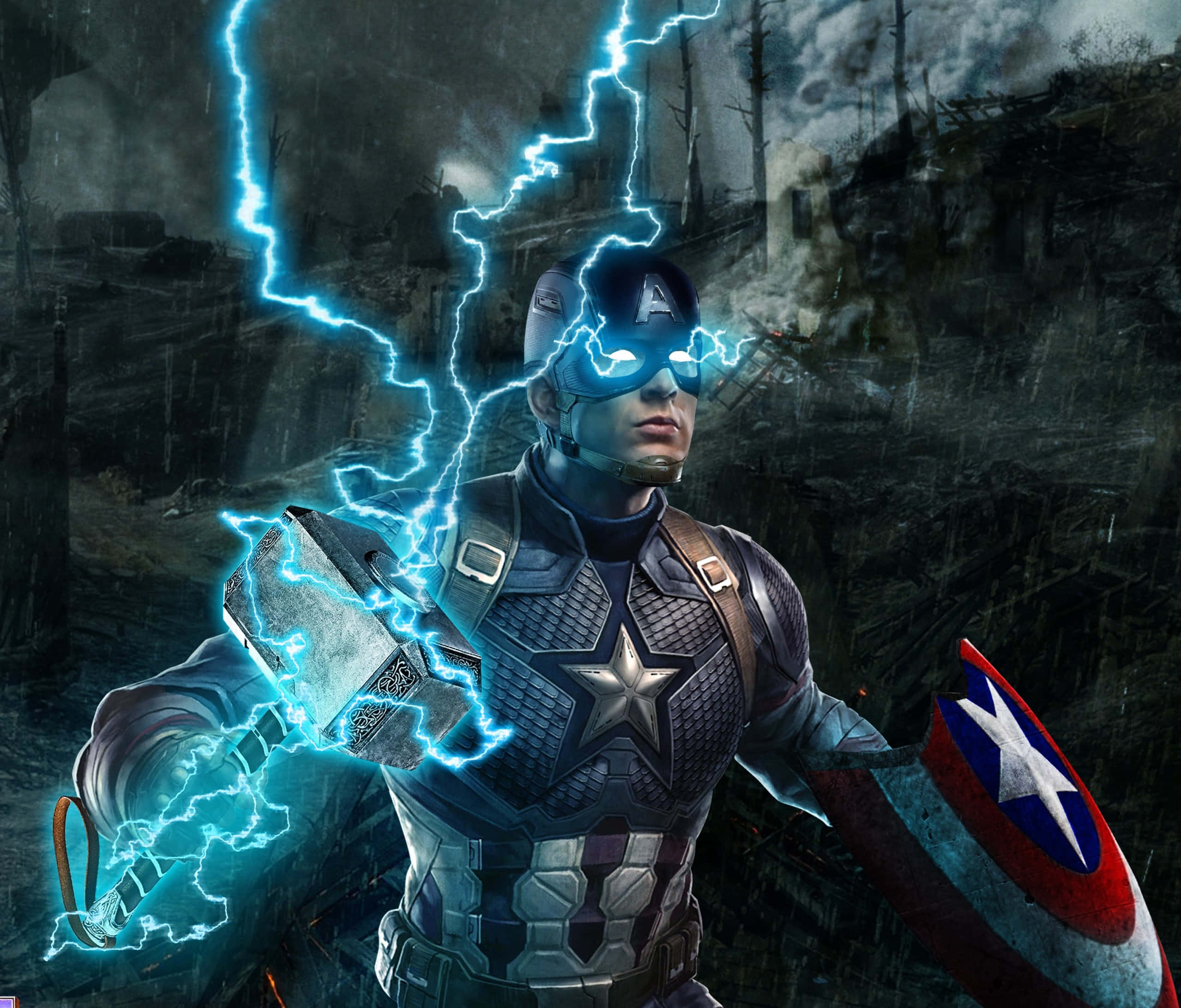 Captain America Cool 桌布 壁紙 — 美國隊長在毀壞的暴風雨戰場中，揮舞著發光的錘子，伴隨著噼啪作響的藍色閃電。