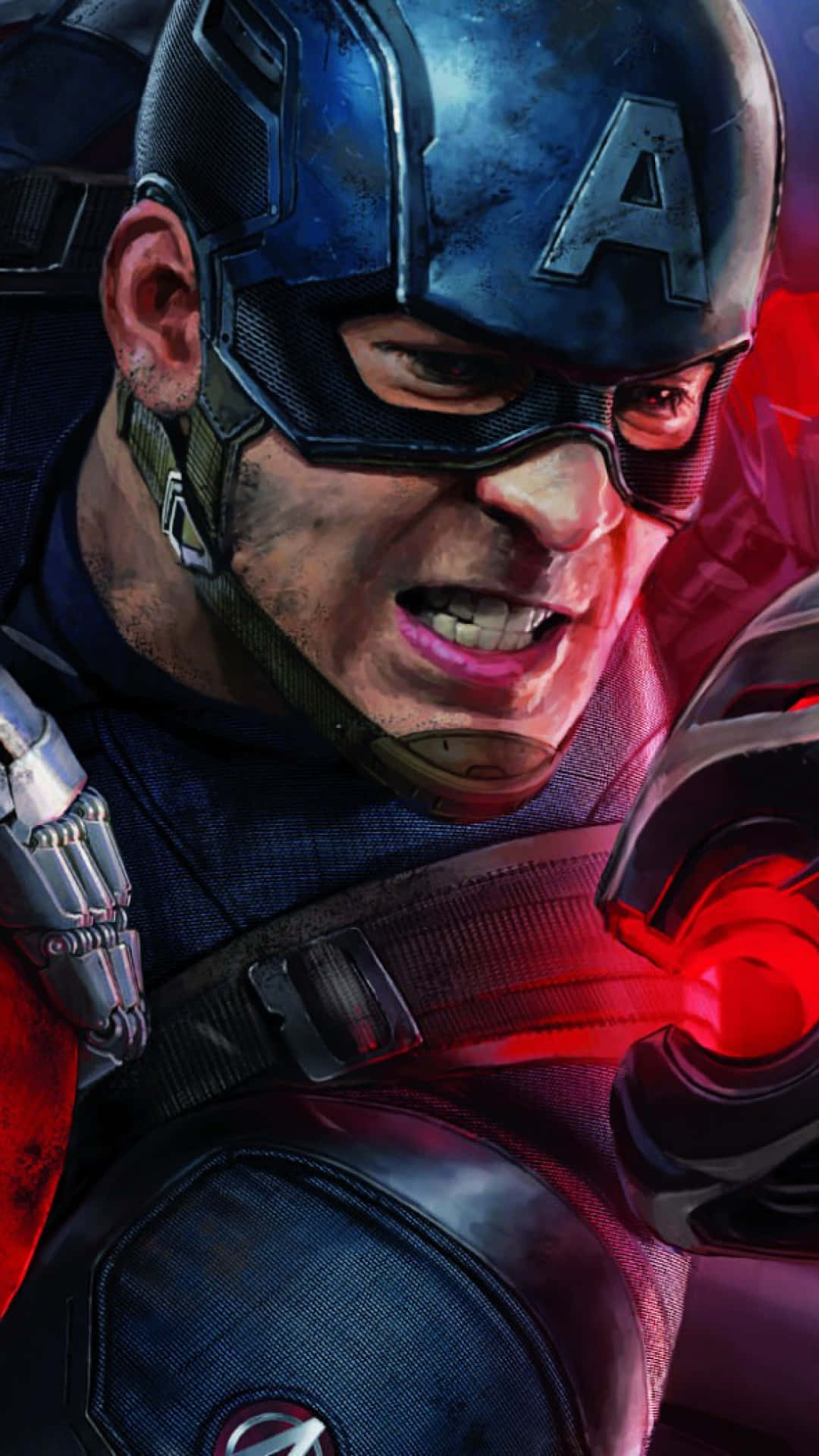 Captain America Android 桌布 壁紙 — 美國隊長在激烈的特寫中咬緊牙關，他標誌性的頭盔和發紅光的護手在黑暗背景下凸顯出來。