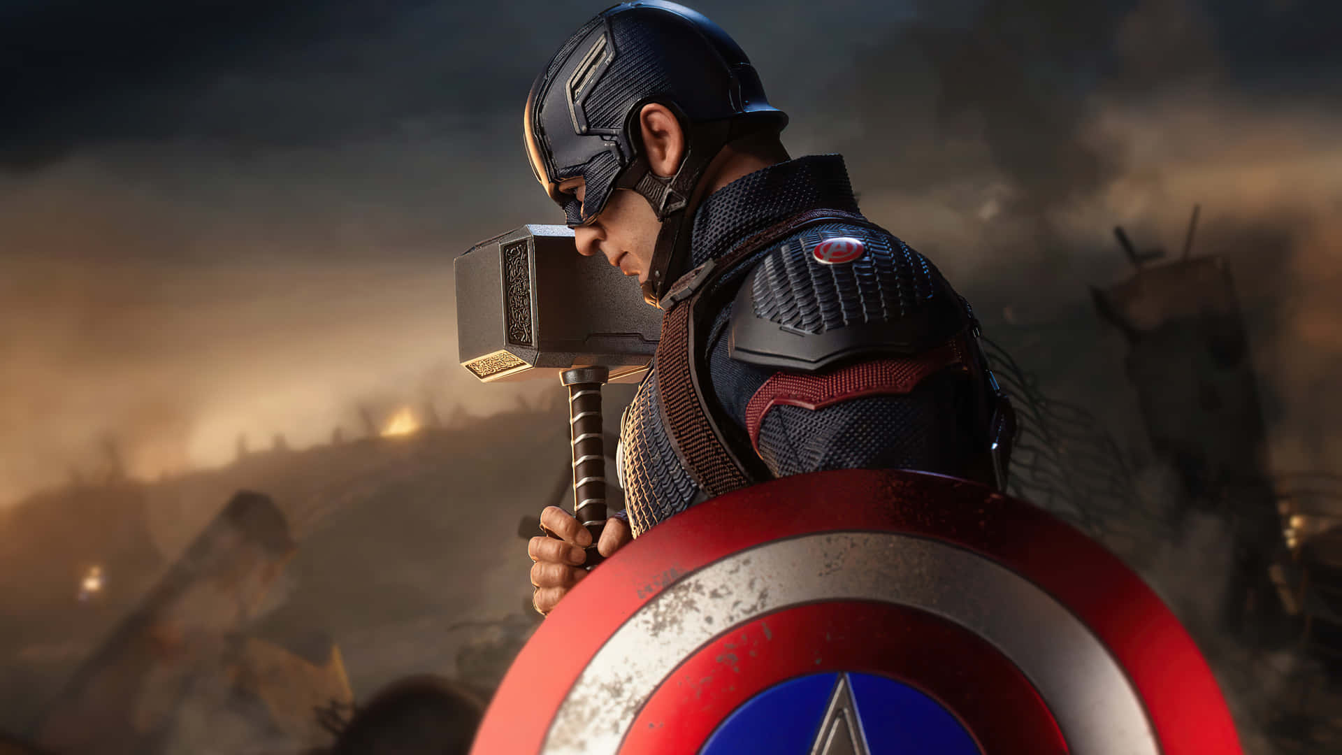 HD Captain America 桌布 壁紙 — 美國隊長在煙霧和火焰的背景中，手持雷神之鎚和盾牌，展現戲劇性的戰鬥場景。