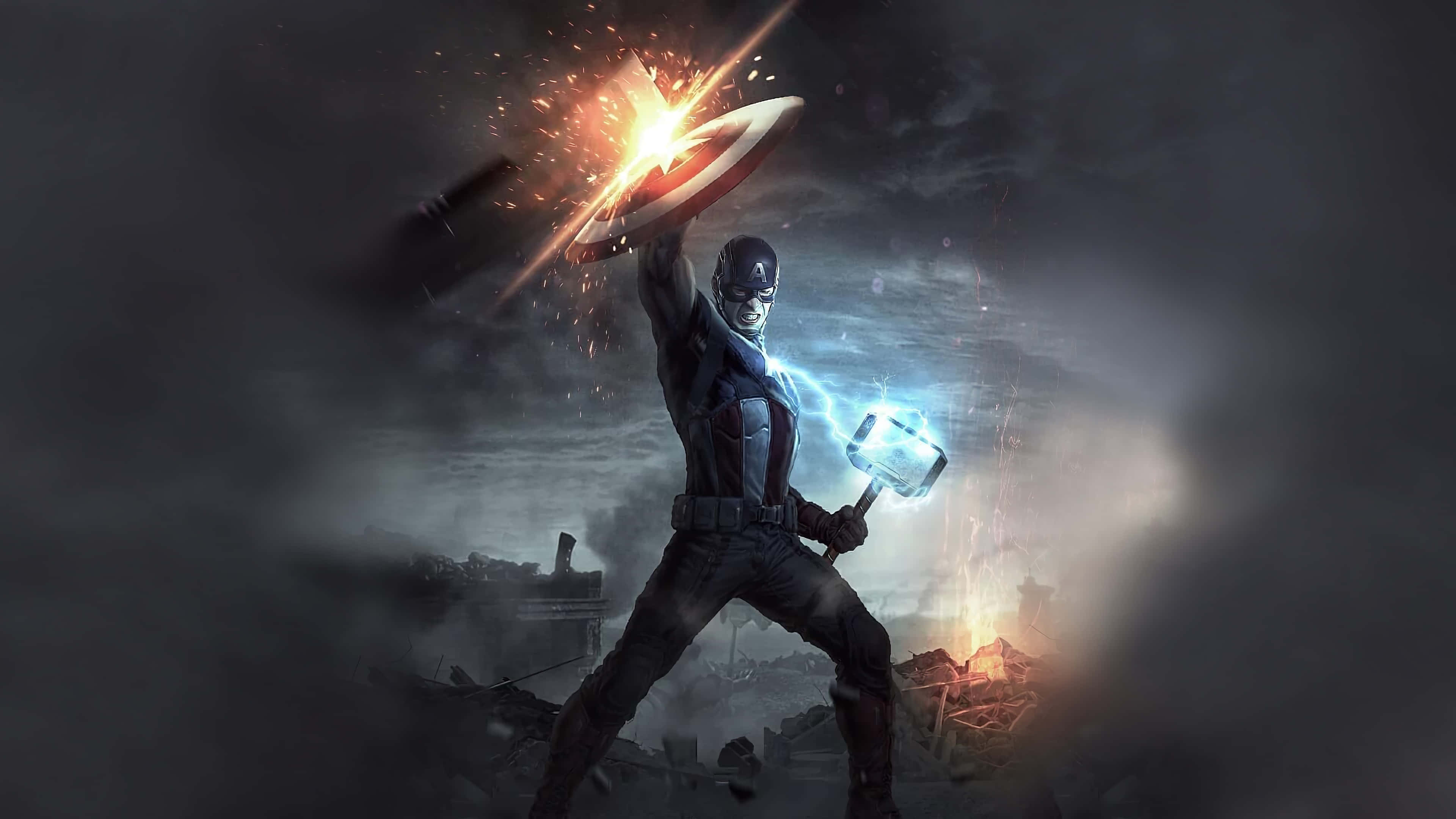 Captain America Desktop 桌布 壁紙 — 美國隊長在煙霧彌漫的戰場上揮舞著雷神之鎚和盾牌，火花四濺，擺出強有力的姿勢。