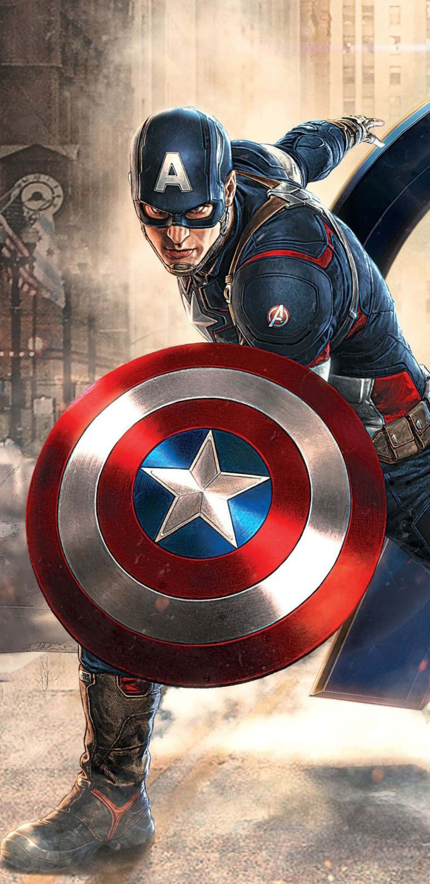 Pixel 3xl Captain America 桌布 壁紙 — 美國隊長在煙霧瀰漫的城市戰場上，以動態戰鬥姿勢手持標誌性盾牌。