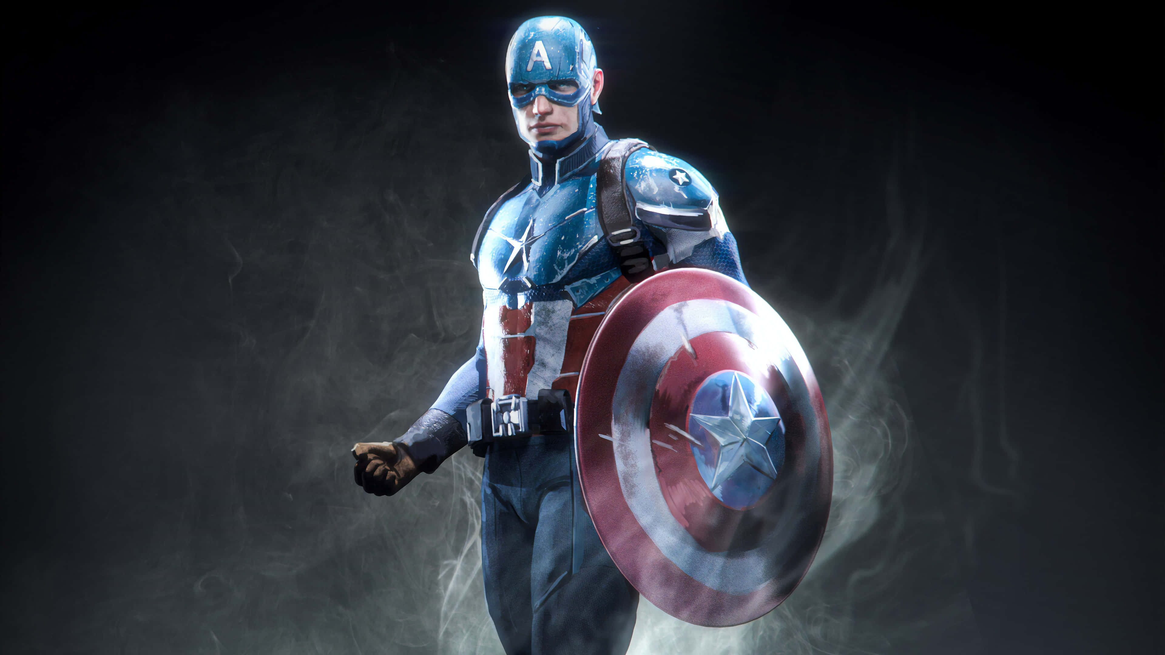 4K Captain America 桌布 壁紙 — 美國隊長在煙霧瀰漫的黑暗工作室中英勇地站著，手持他標誌性的紅白藍盾牌。