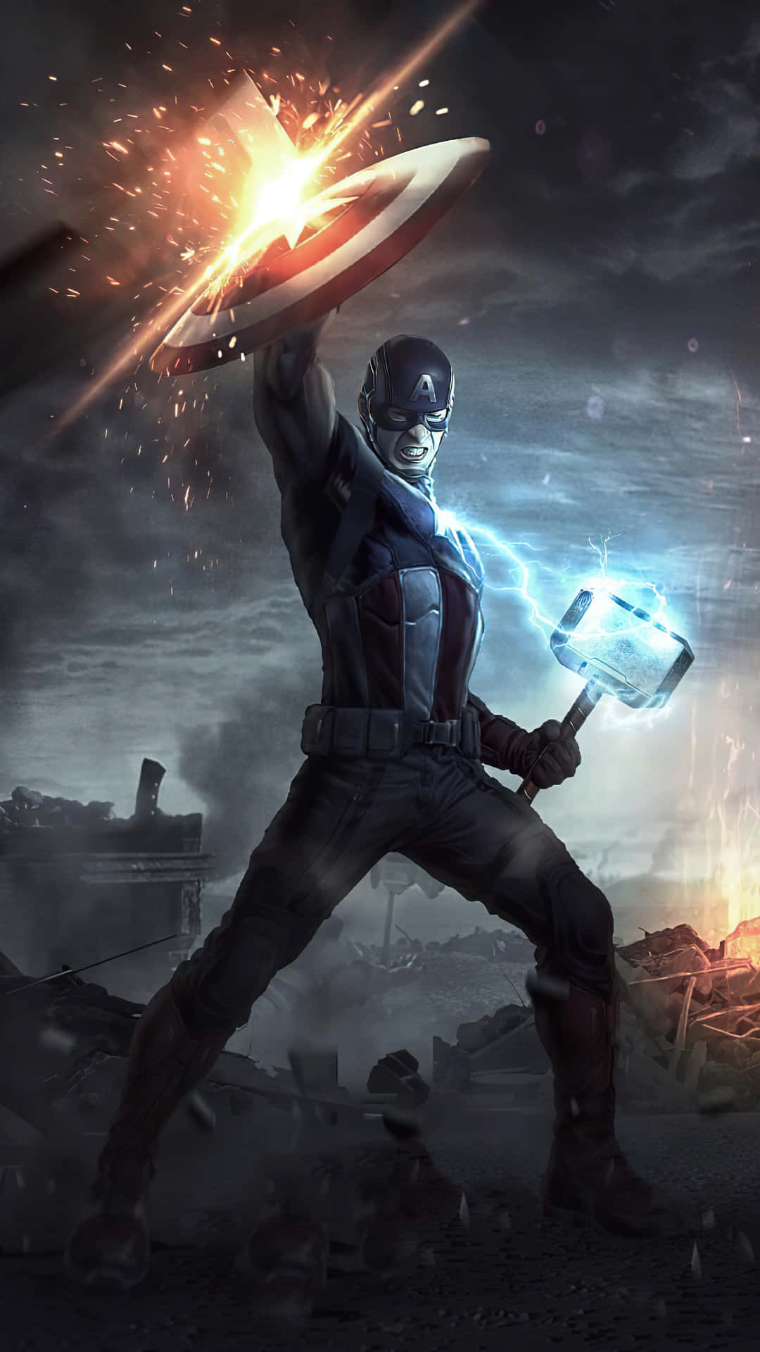 Captain America Cool 桌布 壁紙 — 美國隊長在熾熱的火花和廢墟戰場中，揮舞著雷神之鎚和盾牌，擺出英雄姿勢。