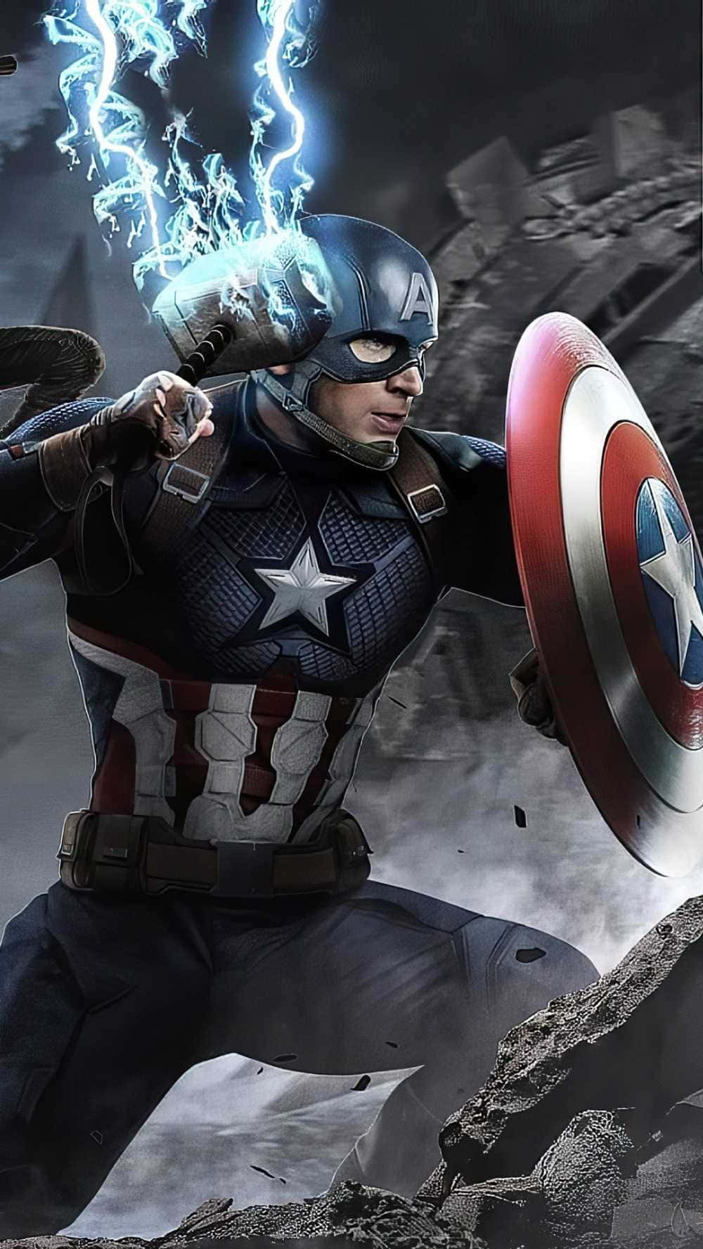 Android Captain America 桌布 壁紙 — 美國隊長在瓦礫中戰鬥，頭盔和手持盾牌上閃電劈啪作響。