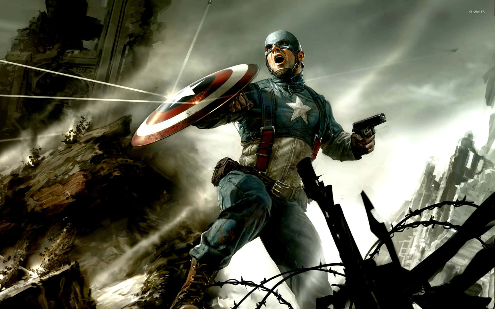 Captain America Movie 桌布 壁紙 — 美國隊長在破碎的城市戰場上挑釁地咆哮，手持盾牌和手槍，身處煙霧和瓦礫之中。