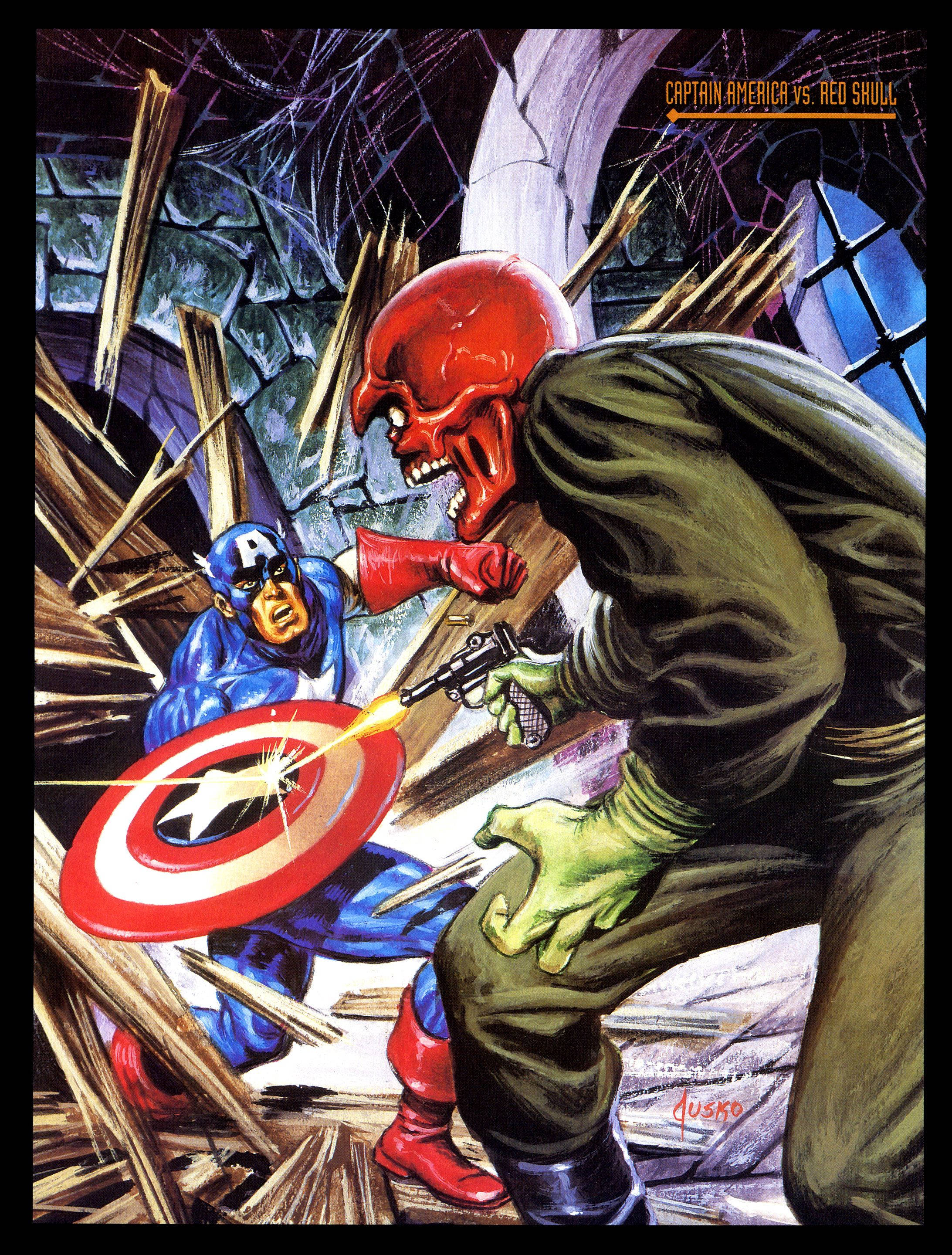 Red Skull 桌布 壁紙 — 美國隊長在破碎的石室中與紅骷髏交鋒，他的盾牌擋開了槍火。