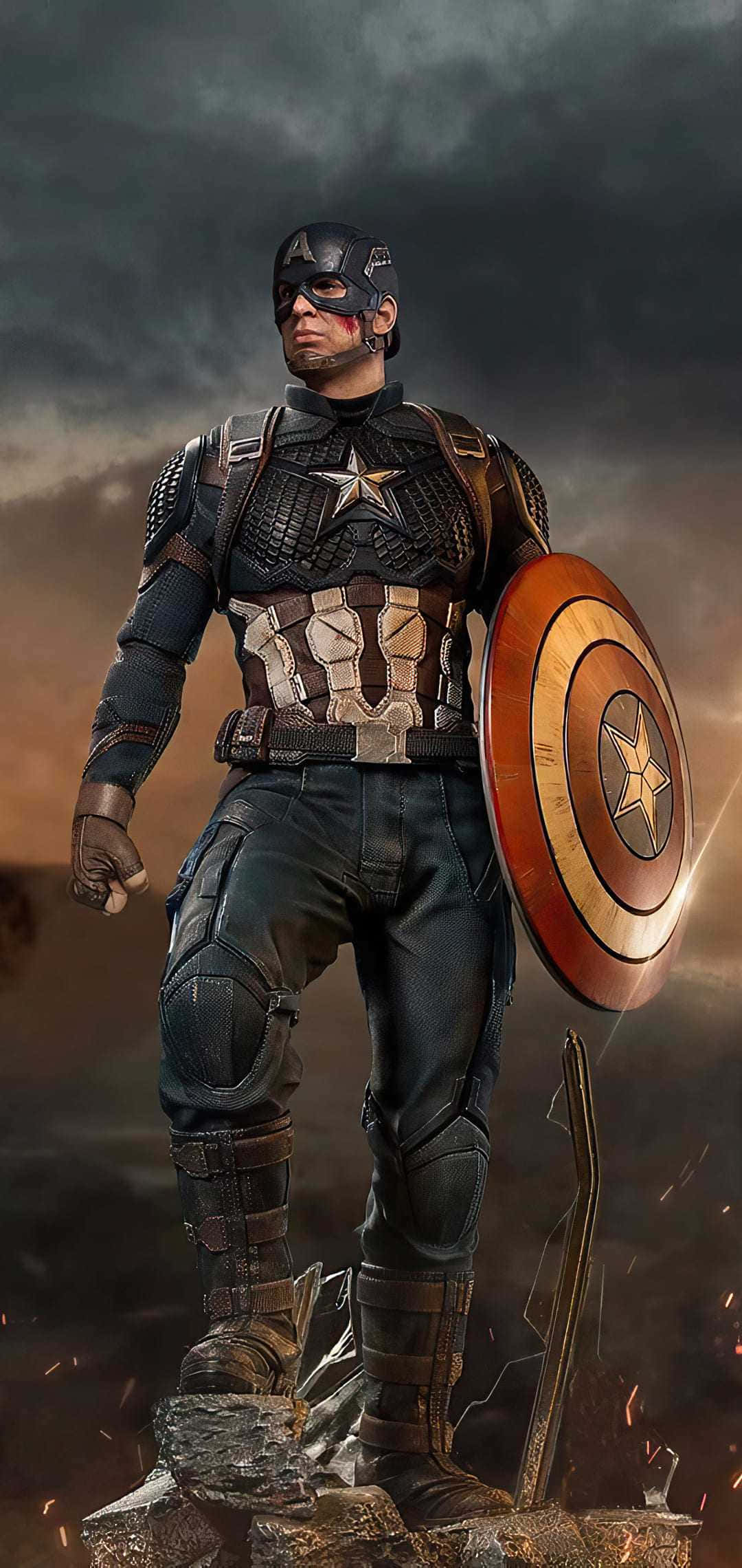 Android Captain America 桌布 壁紙 — 美國隊長在破碎的石頭上堅定站立，在暴風雨的天空下握著他標誌性的盾牌，火花四濺。