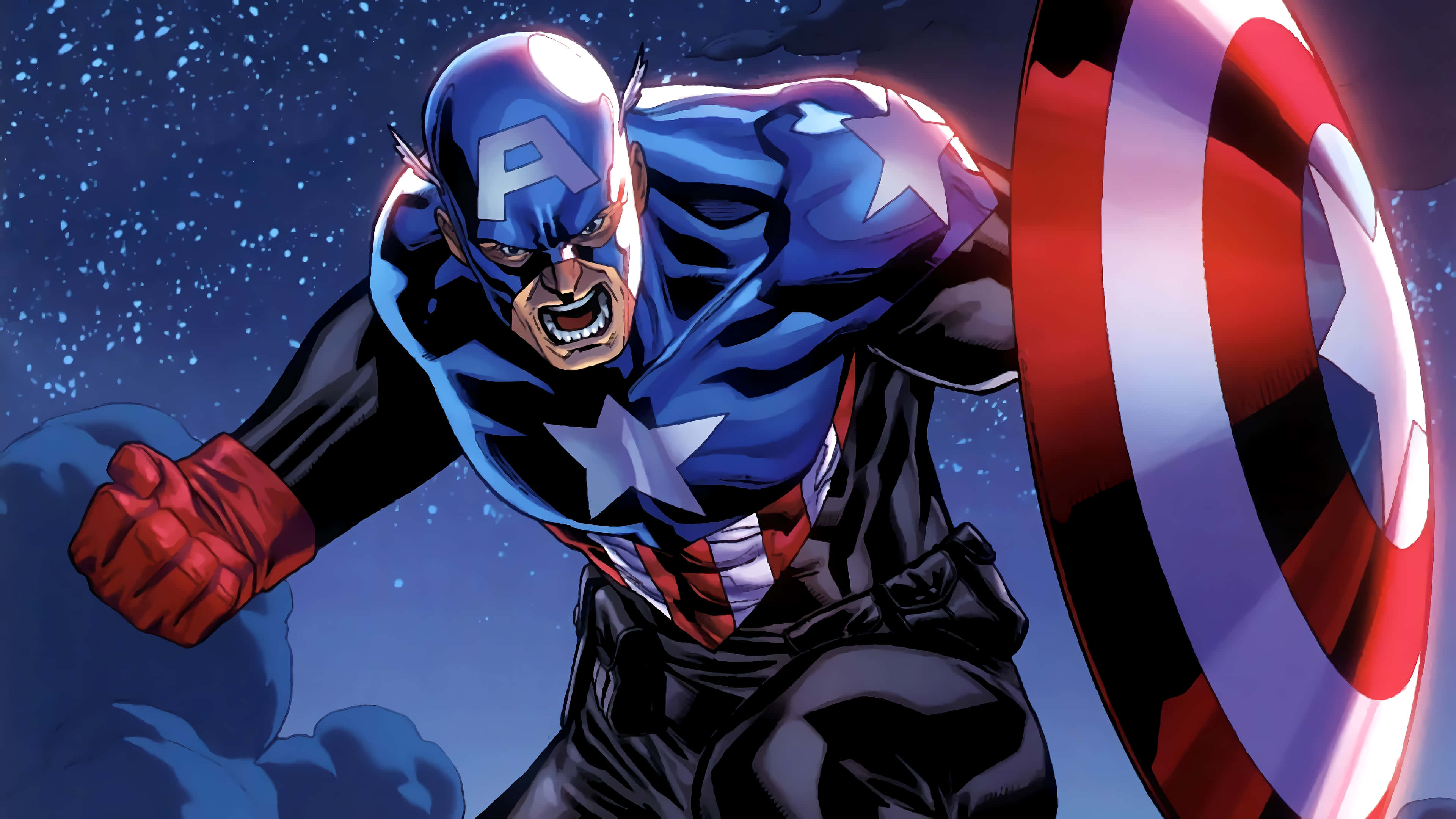 4K Captain America 桌布 壁紙 — 美國隊長在繁星點點的夜空下，手持標誌性盾牌向前衝鋒，呈現動態漫畫插圖風格。