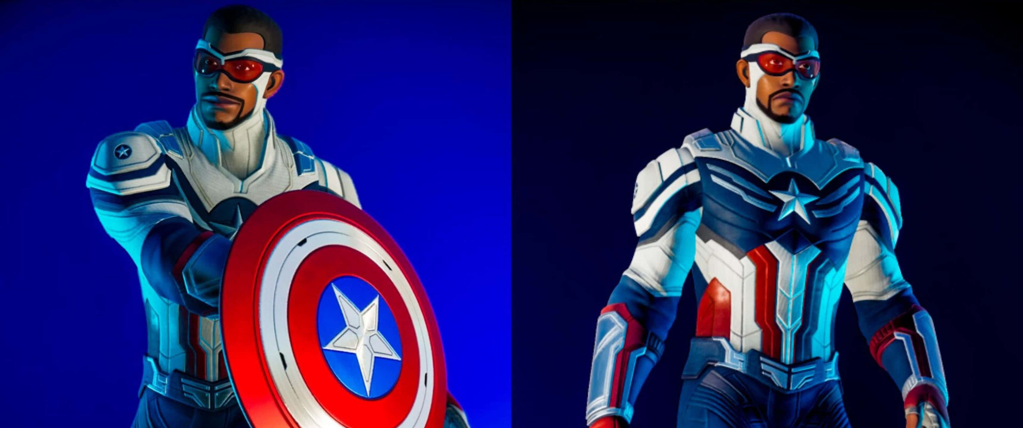 3440x1440p Captain America 桌布 壁紙 — 美國隊長在藍色燈光的工作室中擺姿勢，手持盾牌，自信地站在深色背景前。