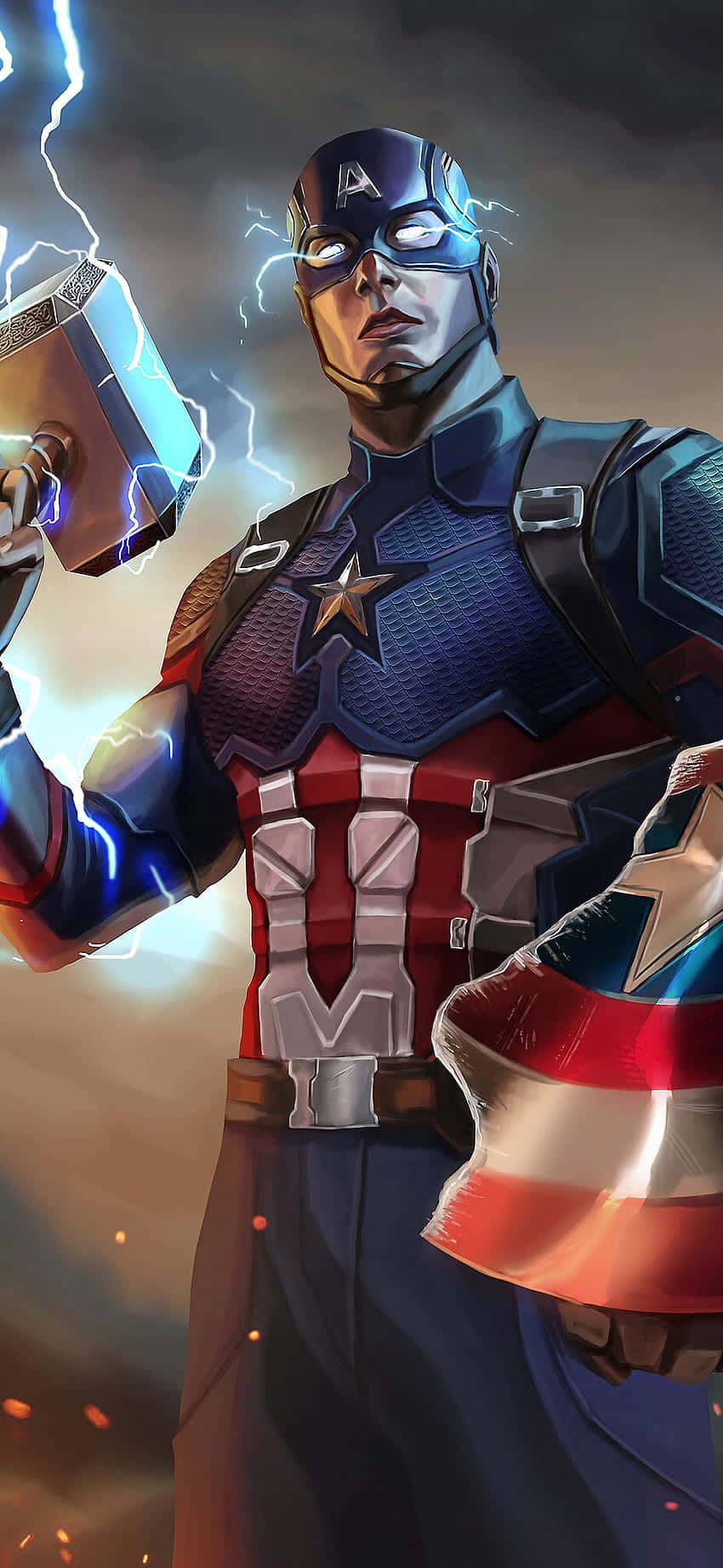 Captain America Movie 桌布 壁紙 — 美國隊長在閃電交加中揮舞雷神之鎚，上演一場戲劇性的超級英雄對決。