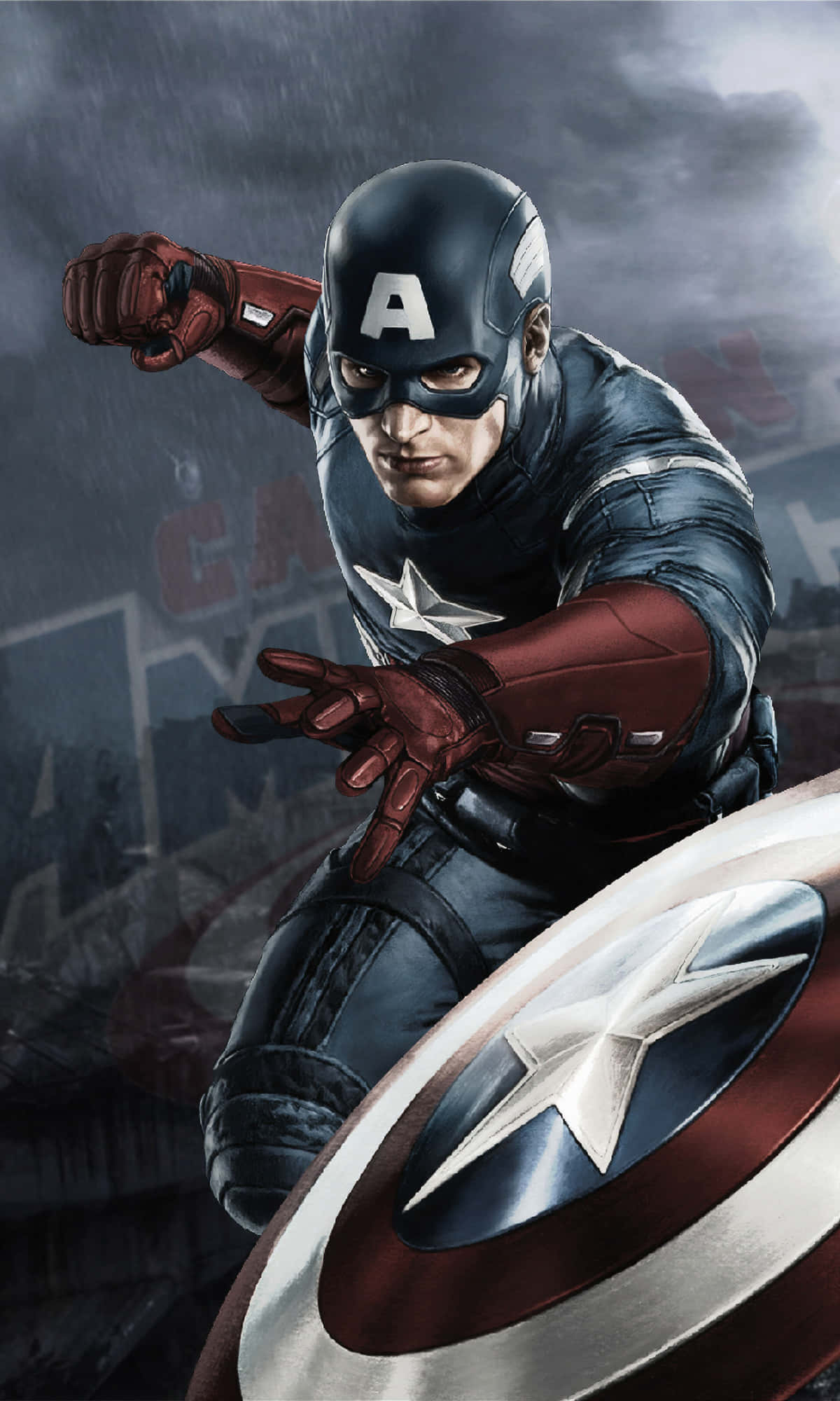 Captain America Cool 桌布 壁紙 — 美國隊長在雨水浸濕的城市戰場上前衝，手持標誌性的星條盾牌。