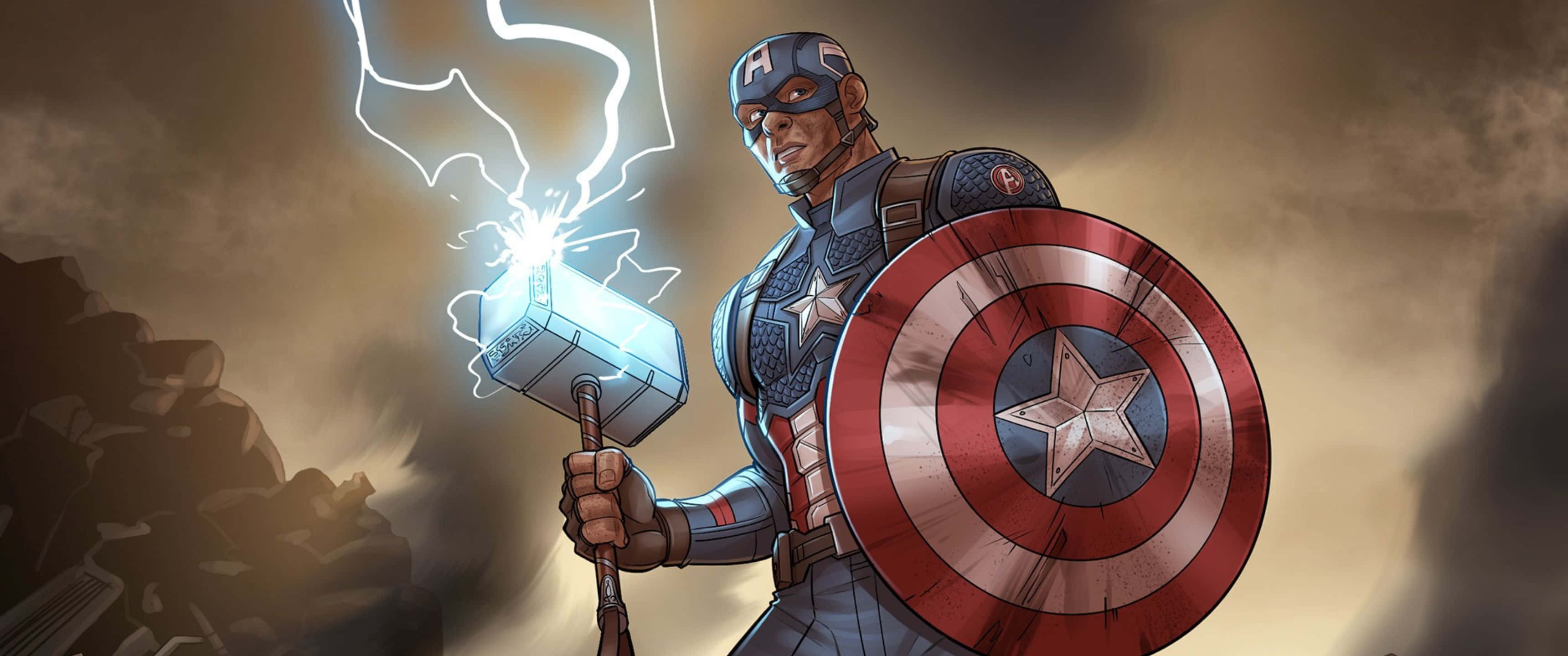 3440x1440p Captain America 桌布 壁紙 — 美國隊長在雷電交加的暴風雨中英勇地揮舞著雷神之鎚。