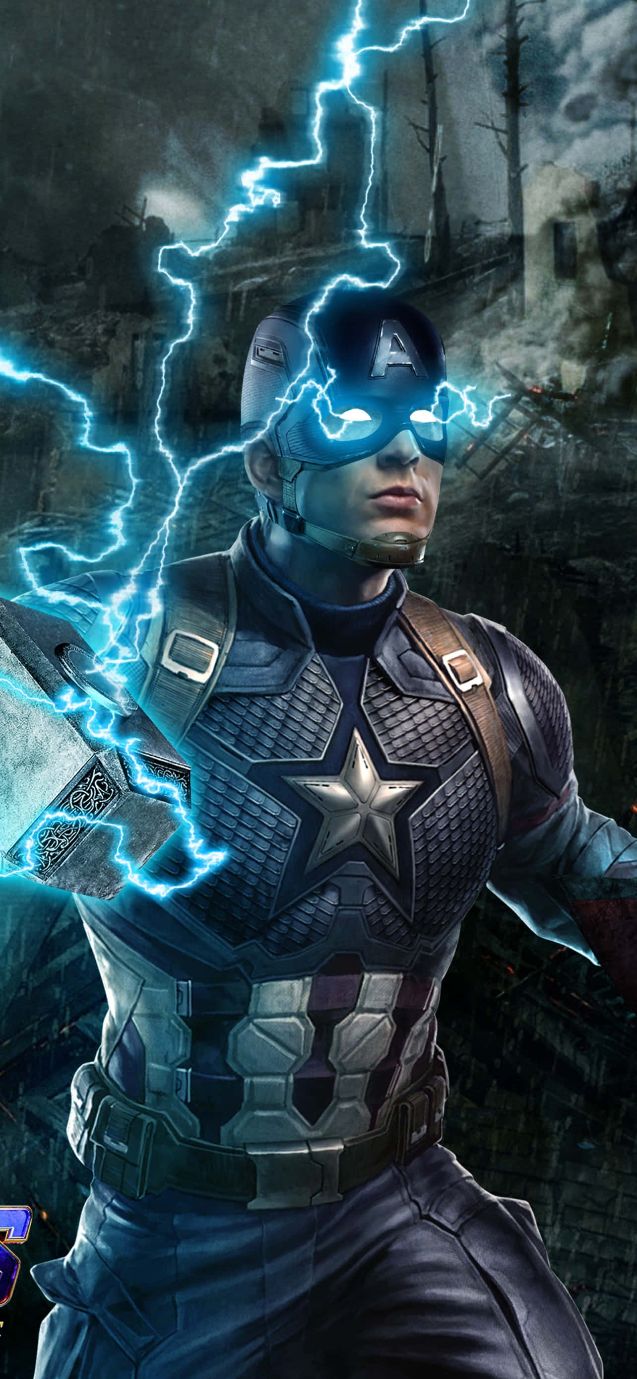 桌布 壁紙 — 美國隊長在風暴廢墟中英勇站立，藍色閃電在他的盾牌和身體周圍劈啪作響。