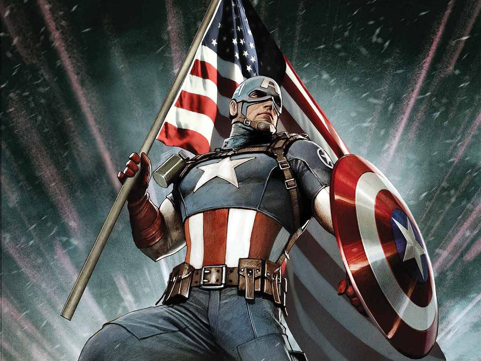 Best Captain America 桌布 壁紙 — 美國隊長在風暴背景下堅定地站立，手持美國國旗和他標誌性的盾牌。