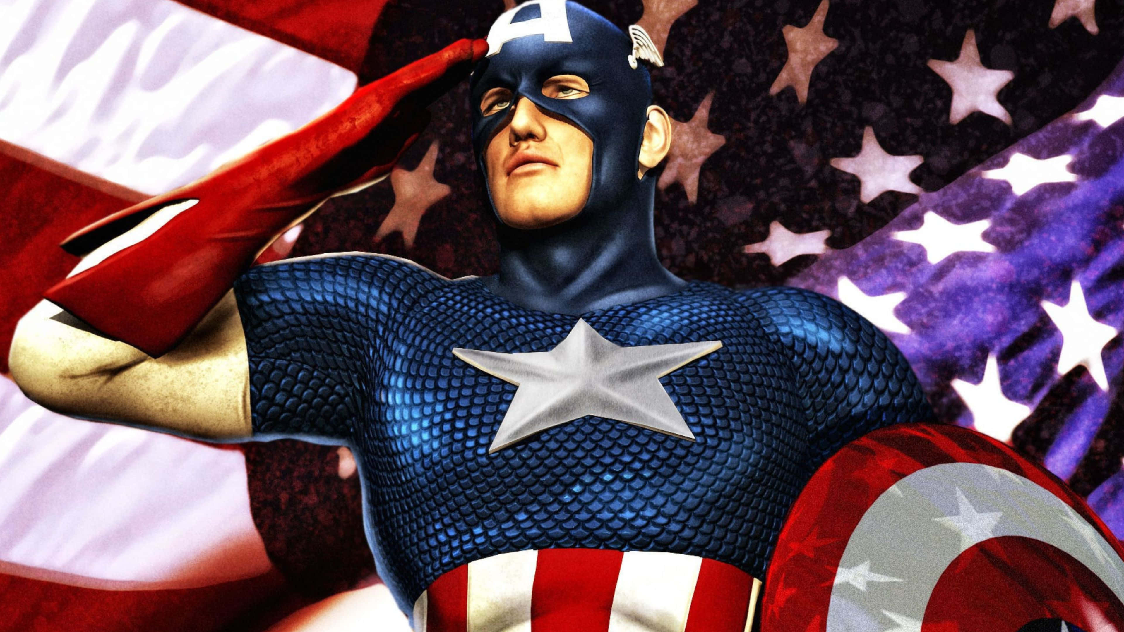 4K Captain America 桌布 壁紙 — 美國隊長在飄揚的美國國旗背景下，以大膽的漫畫風格自豪地敬禮。