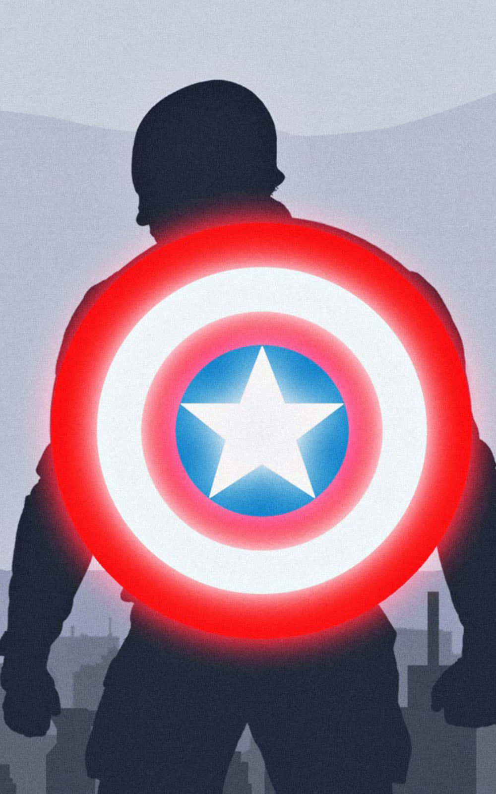 Android Captain America 桌布 壁紙 — 美國隊長在黃昏的城市天際線前舉起發光盾牌的剪影。