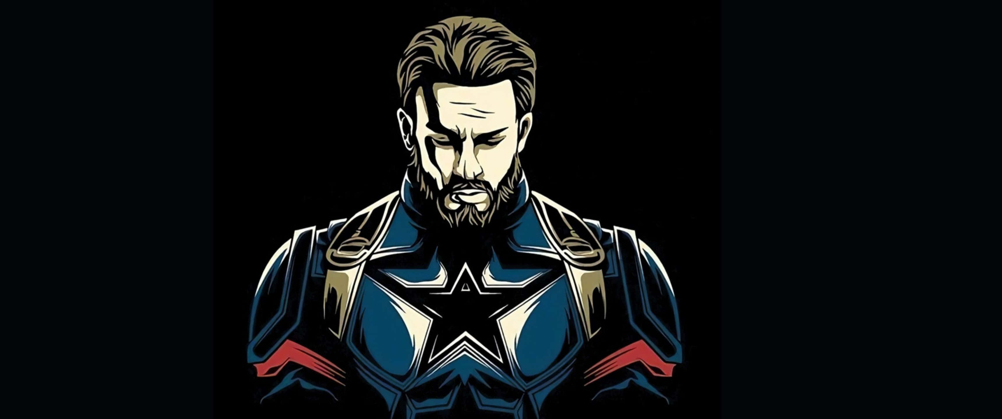 3440x1440p Captain America 桌布 壁紙 — 美國隊長在黑暗場景中的風格化插圖，帶有粗線條和愛國色彩。