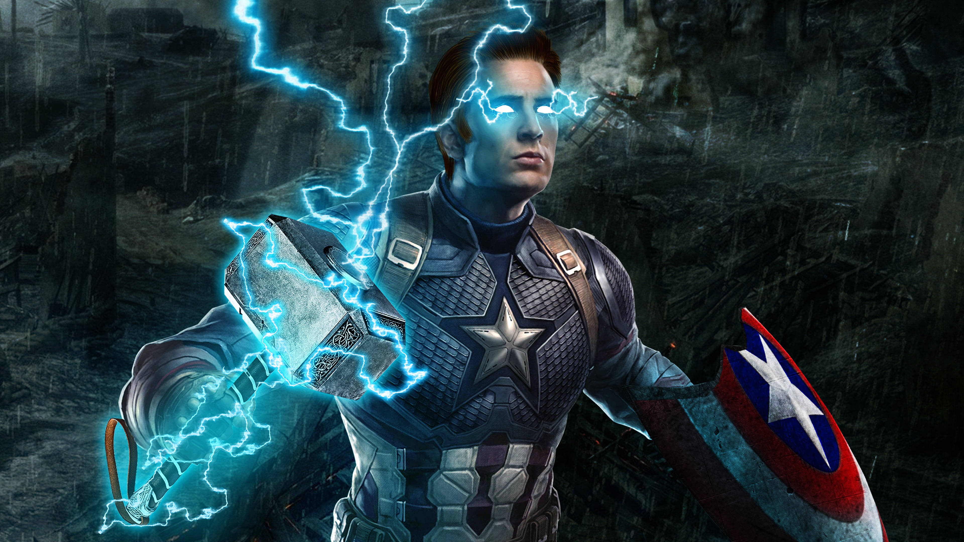 Marvel Captain America 桌布 壁紙 — 美國隊長在黑暗的雨戰場上，在噼啪作響的藍色閃電中揮舞著發光的錘子。