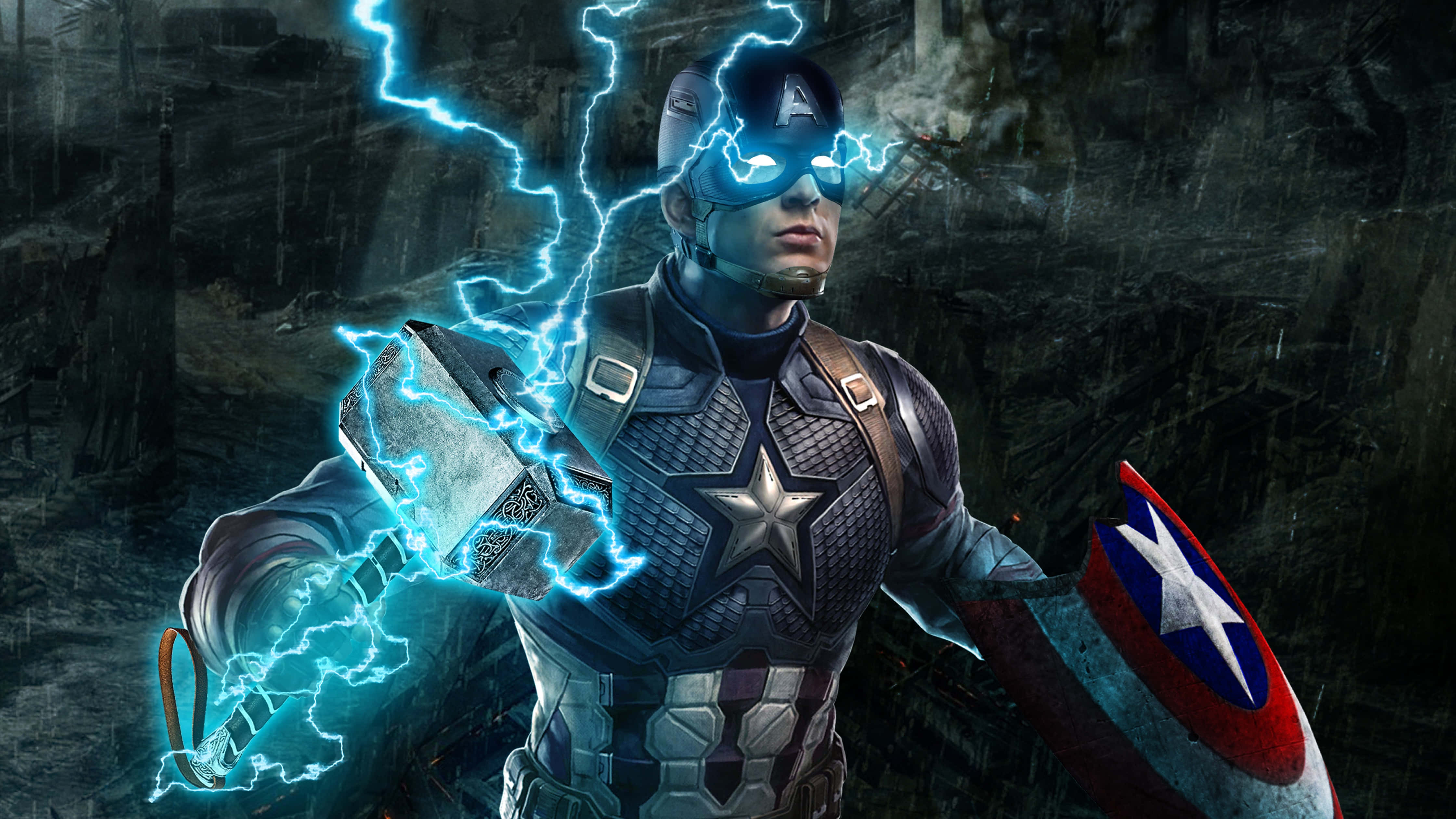 4K Captain America 桌布 壁紙 — 美國隊長在黑暗風暴的戰場上，一邊持盾，一邊揮舞著充滿閃電力量的錘子。