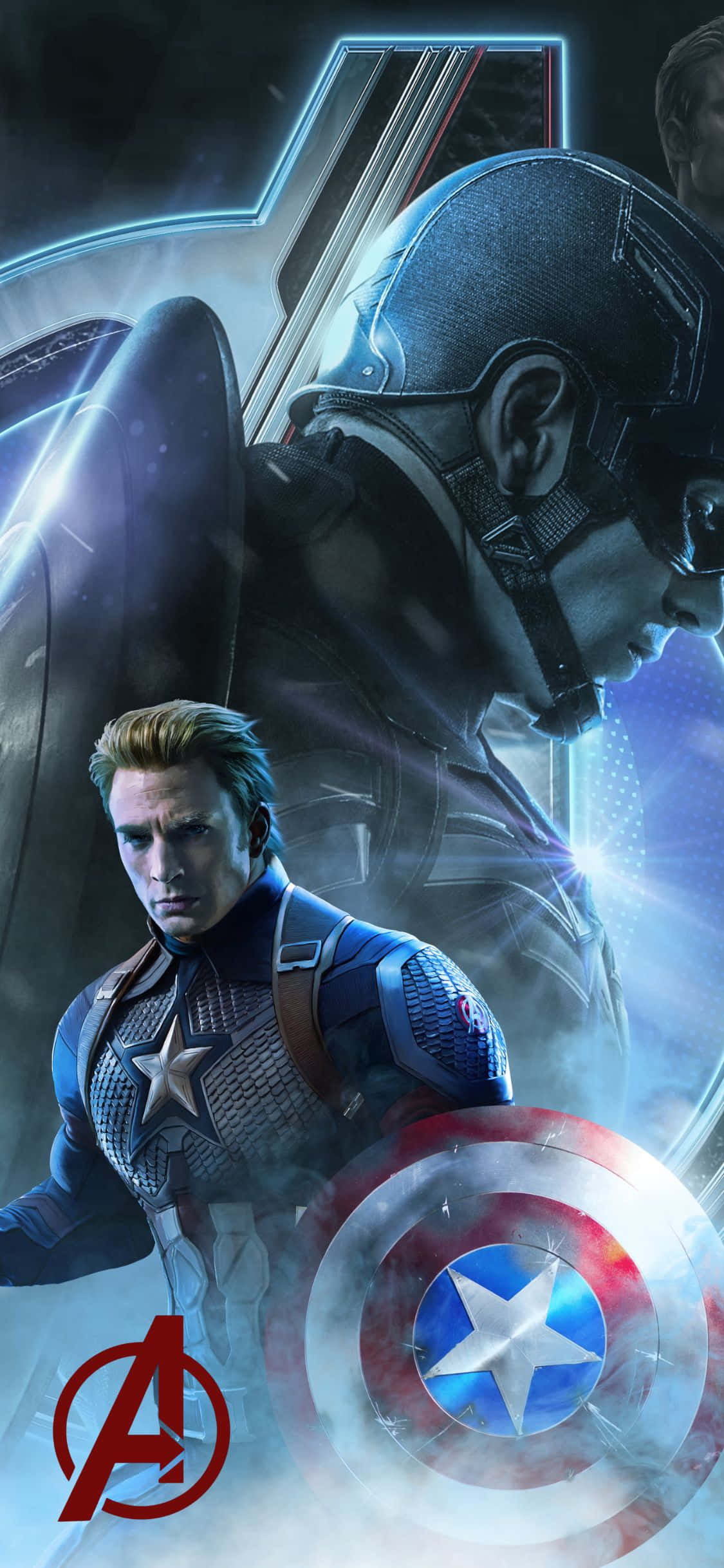 iPhone Xs Avengers 桌布 壁紙 — 美國隊長堅定地拿著盾牌，復仇者聯盟標誌在他身後發光，構成一個戲劇性的電影場景。
