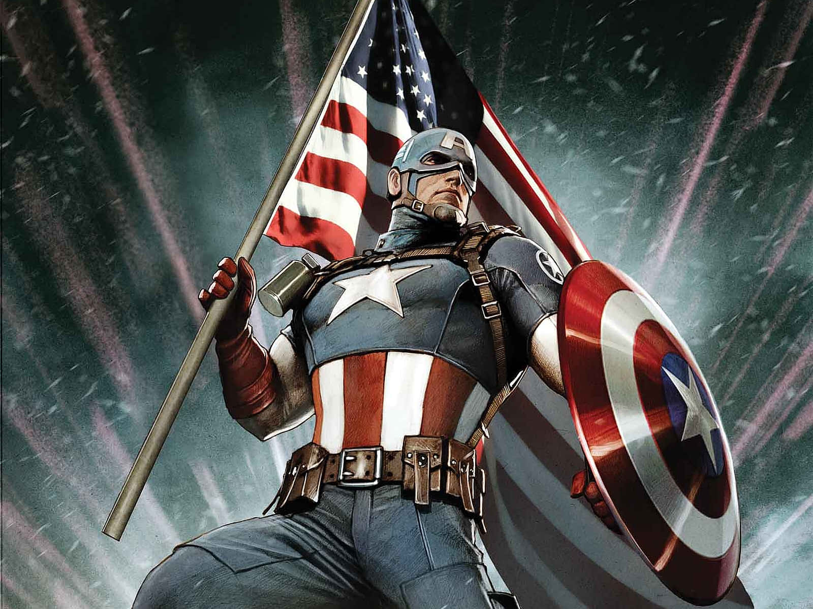 Marvel Captain America 桌布 壁紙 — 美國隊長堅定地站立，在暴風雨背景下手持美國國旗和他的標誌性盾牌。