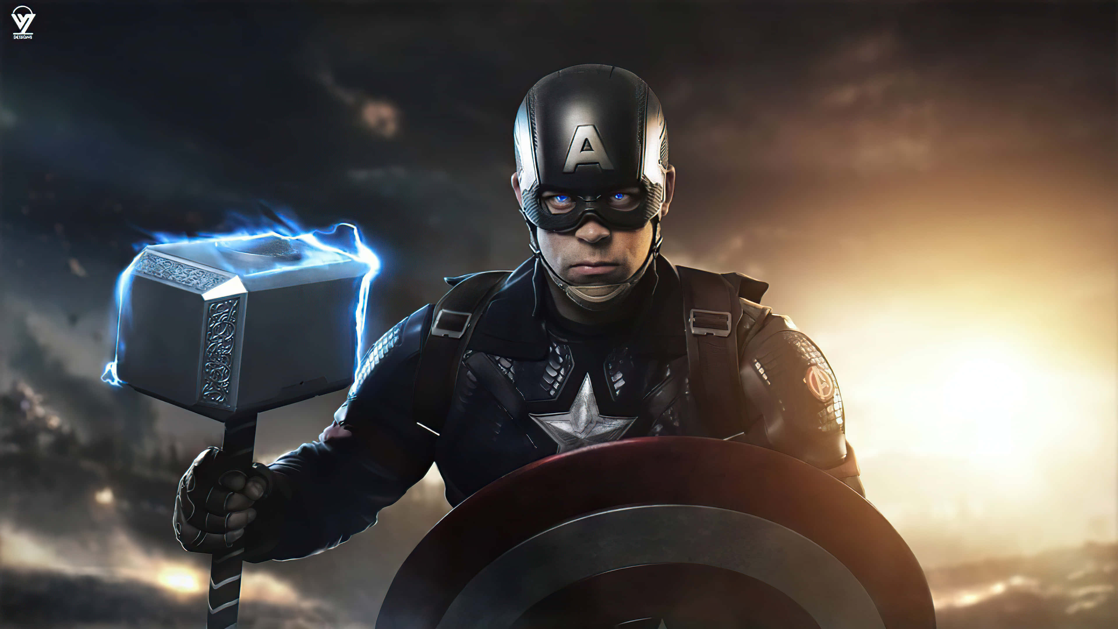Captain America Desktop 桌布 壁紙 — 美國隊長堅定地站立，手持索爾發光的錘子和他的標誌性盾牌，背景是戲劇性的日落天空。