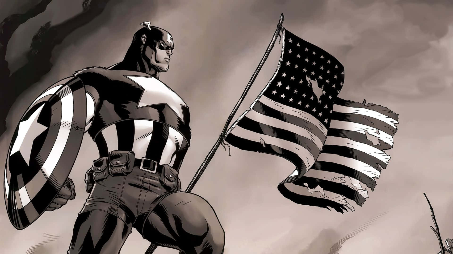 Retro Captain America 桌布 壁紙 — 美國隊長堅定地站著，手持盾牌和一面破損的美國國旗，背景是暴風雨般的灰色天空。