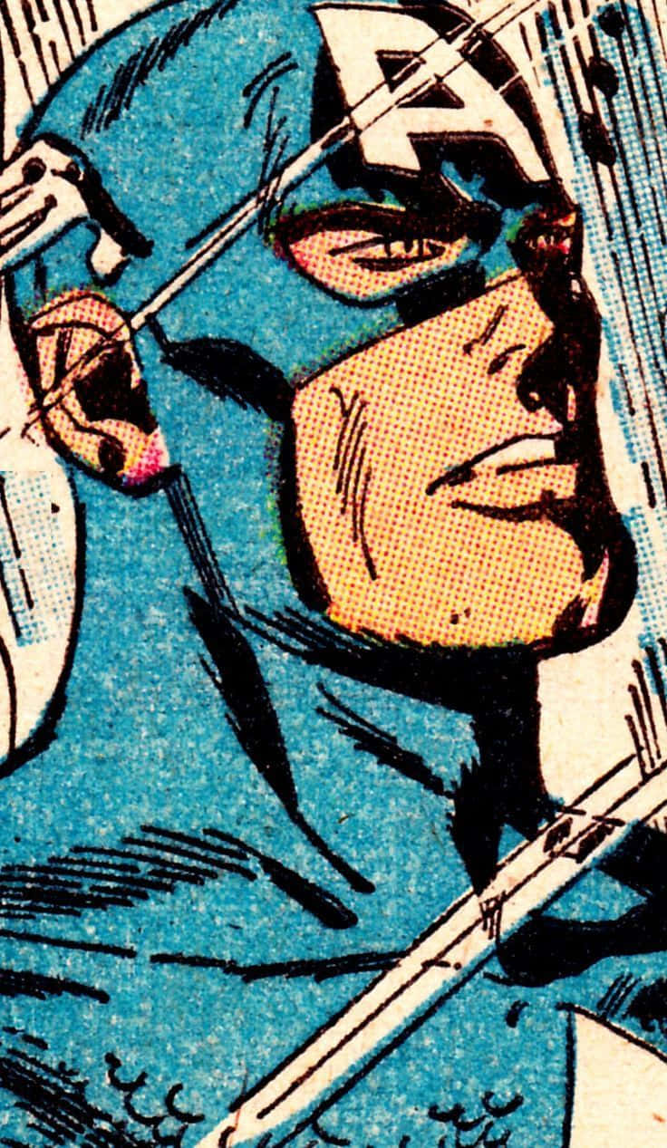 Retro Captain America 桌布 壁紙 — 美國隊長堅定面孔的特寫，採用經典漫畫風格，粗線條和藍色服裝。