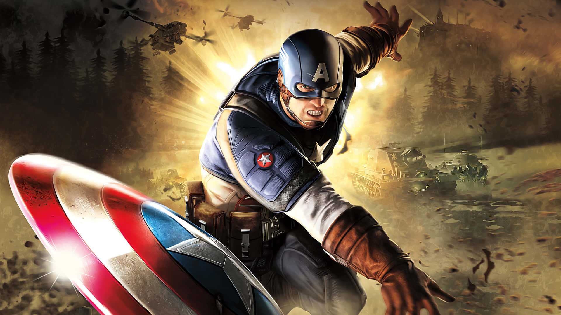 Captain America Cool 桌布 壁紙 — 美國隊長帶著發光的盾牌衝鋒，戰場上有坦克和直升機。