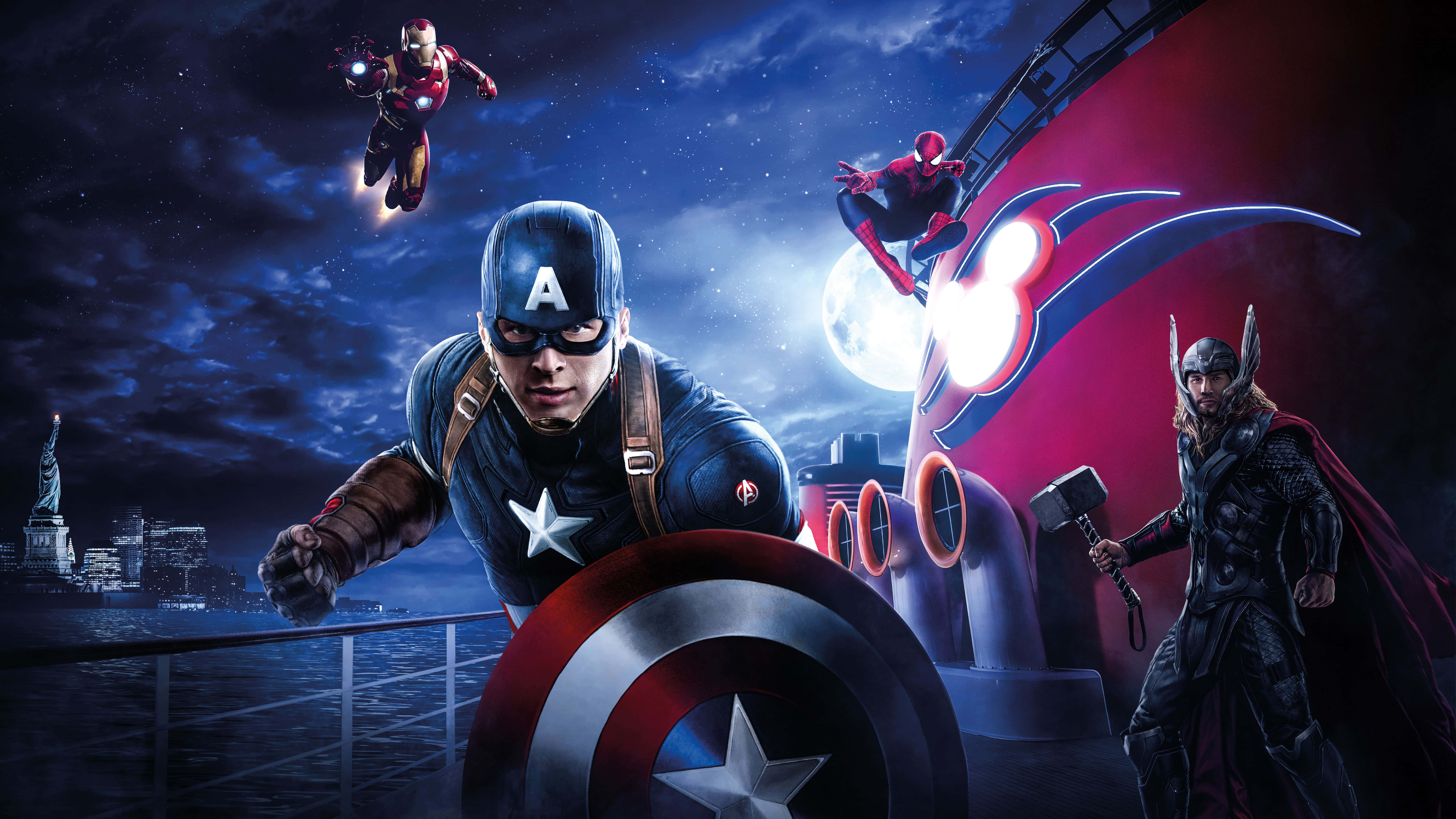 Captain America Desktop 桌布 壁紙 — 美國隊長帶領一隊超級英雄，包括鋼鐵人、蜘蛛人和索爾，在夜間城市天際線上方對抗一艘發光的紅色太空船。
