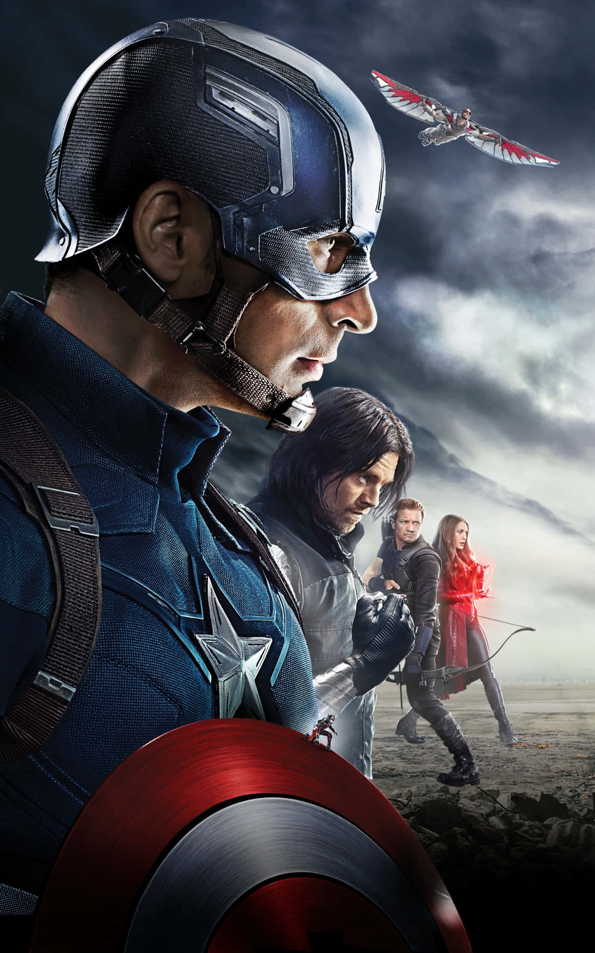 Captain America Cool 桌布 壁紙 — 美國隊長帶領一隊超級英雄在戲劇性的暴風雨戰場上，前景有一個紅色盾牌。
