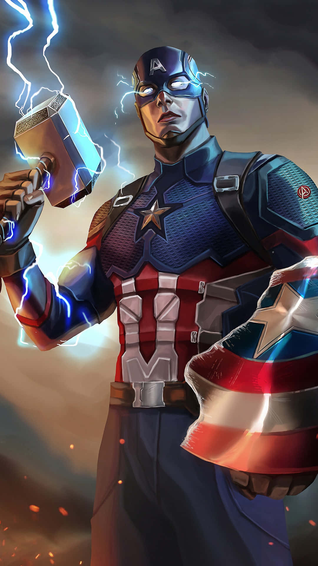 Captain America Cool 桌布 壁紙 — 美國隊長強勢地揮舞著雷神之錘，錘上閃爍著藍色閃電，背景是暴風雨的天空。