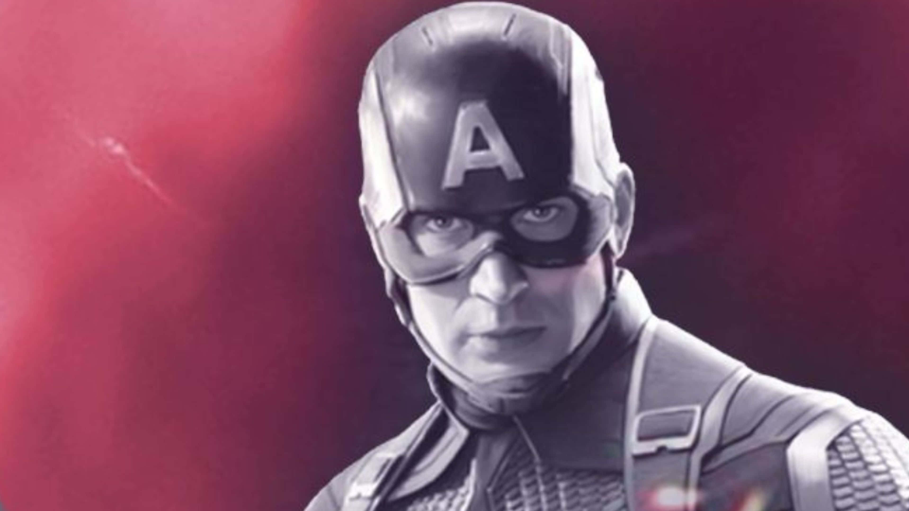 4K Captain America 桌布 壁紙 — 美國隊長戴著標誌性頭盔，在鮮紅色背景下專注地向前凝視。