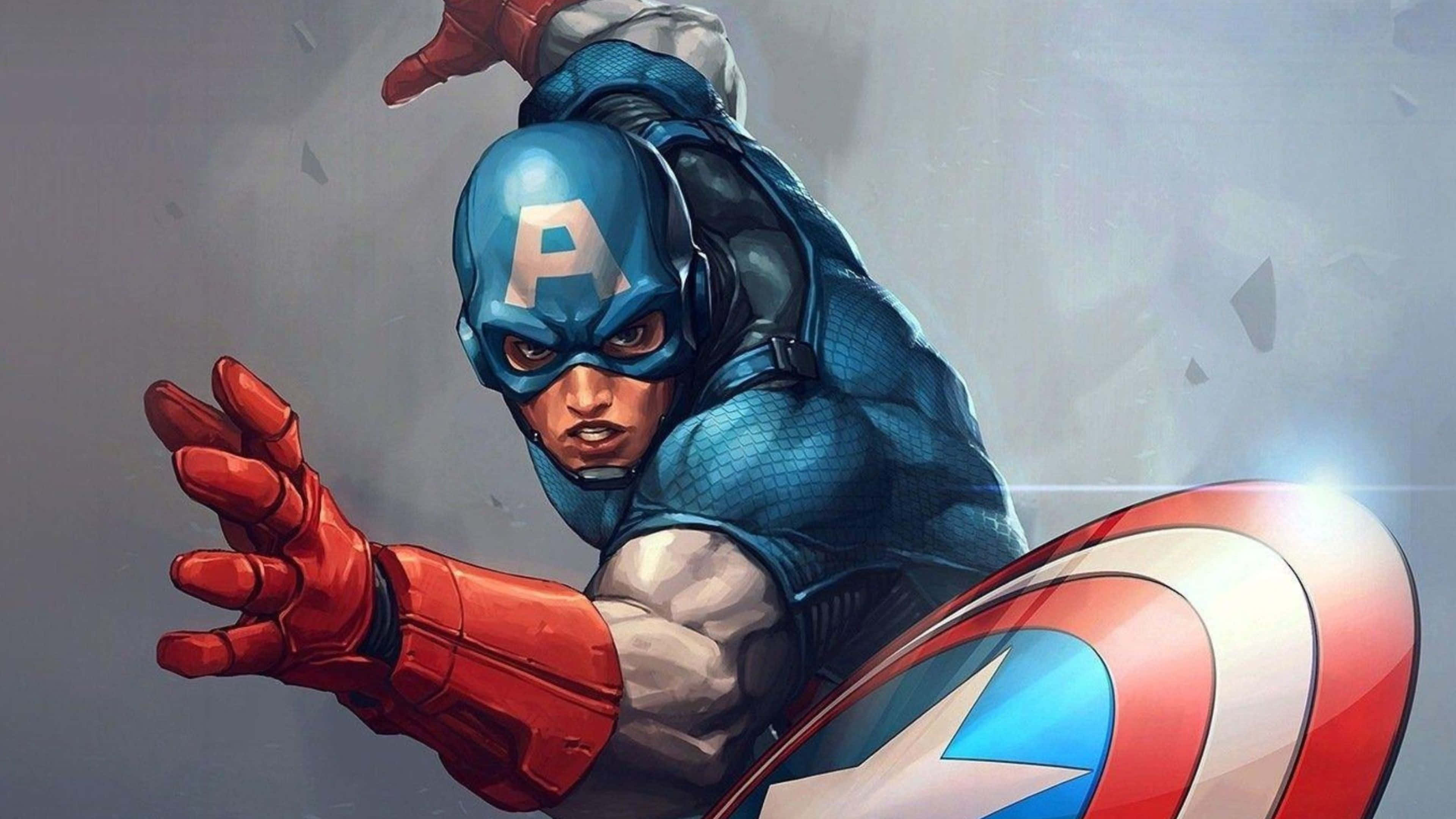 4K Captain America 桌布 壁紙 — 美國隊長手持標誌性盾牌，在動態漫畫插圖中向前衝刺。