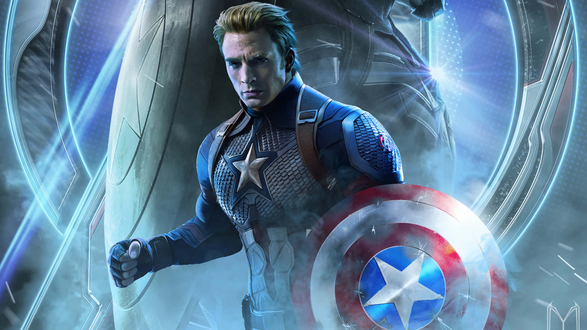 HD Captain America 桌布 壁紙 — 美國隊長手持標誌性盾牌，在發光的藍色能量環和未來裝甲中準備就緒。