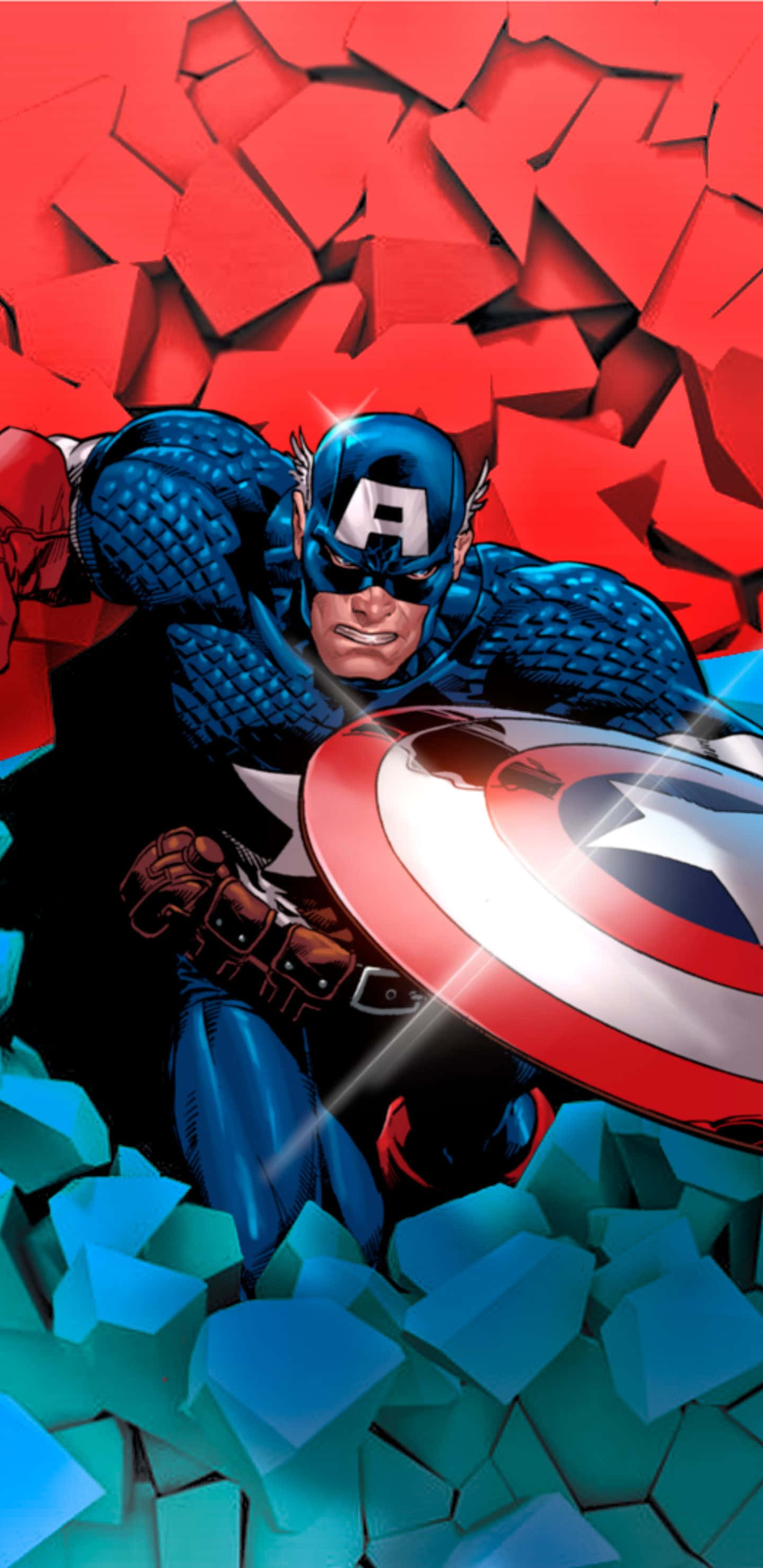 Pixel 3xl Captain America 桌布 壁紙 — 美國隊長手持標誌性盾牌，衝破紅藍碎裂的牆壁。