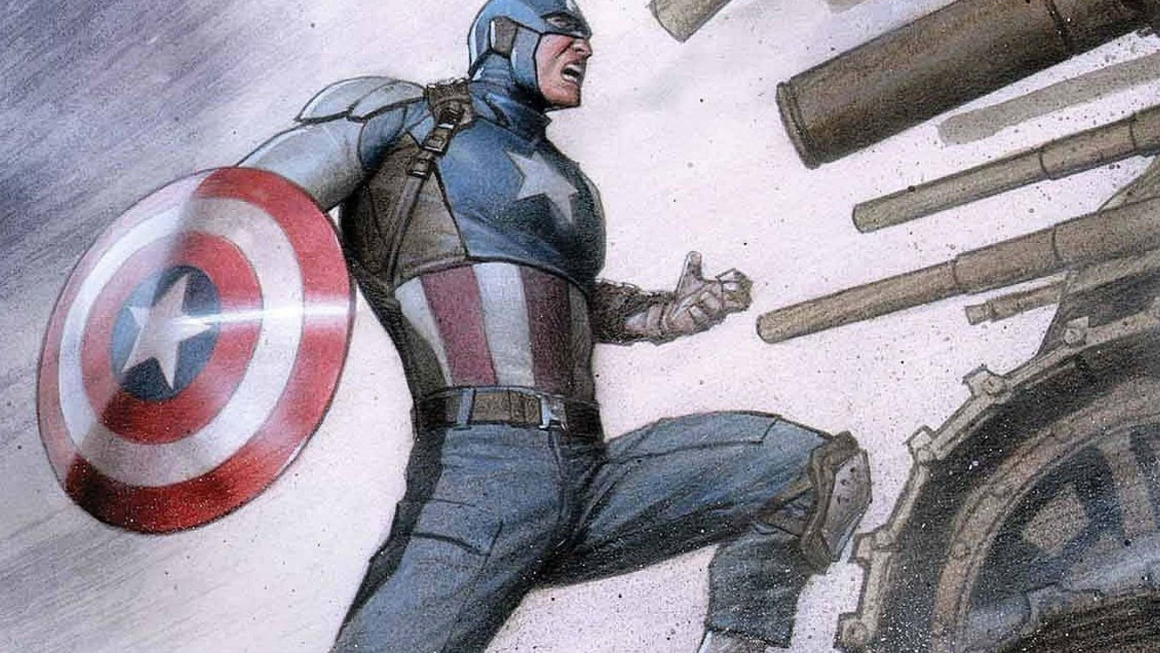 4K Captain America 桌布 壁紙 — 美國隊長手持標誌性盾牌向前衝鋒，周圍砲彈爆炸，呈現出動態的漫畫插圖。