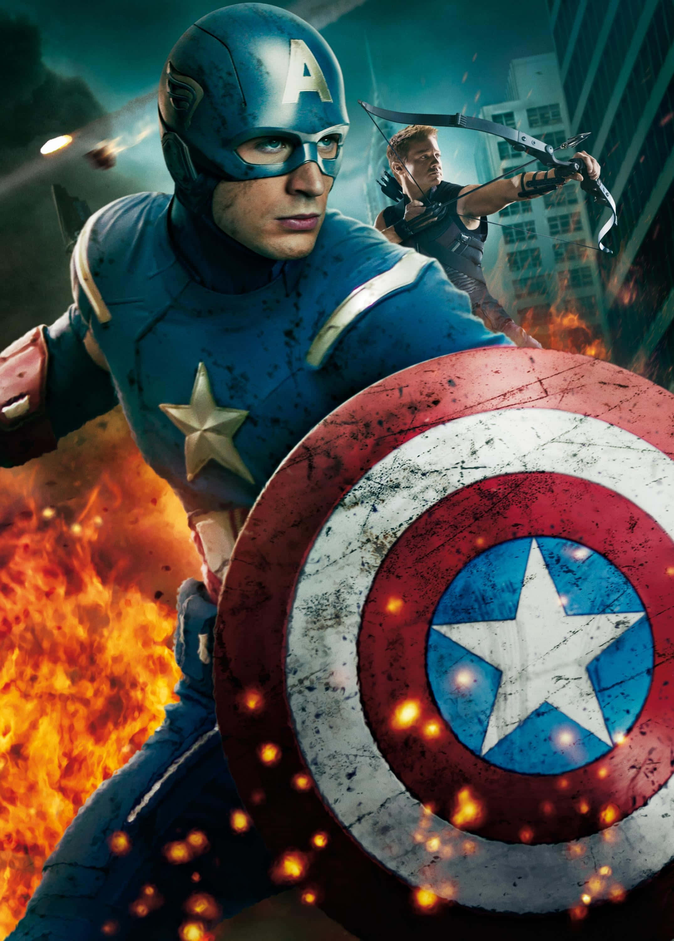 Android Captain America 桌布 壁紙 — 美國隊長手持標誌性盾牌向前衝鋒，鷹眼在烈焰城市混亂中瞄準弓箭。