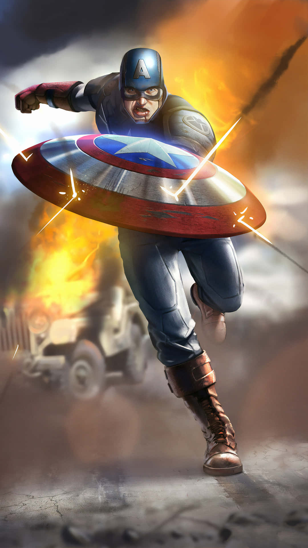 Captain America Cool 桌布 壁紙 — 美國隊長手持發光的盾牌向前衝，身後在飽受戰爭蹂躪的戰場上爆炸四起。