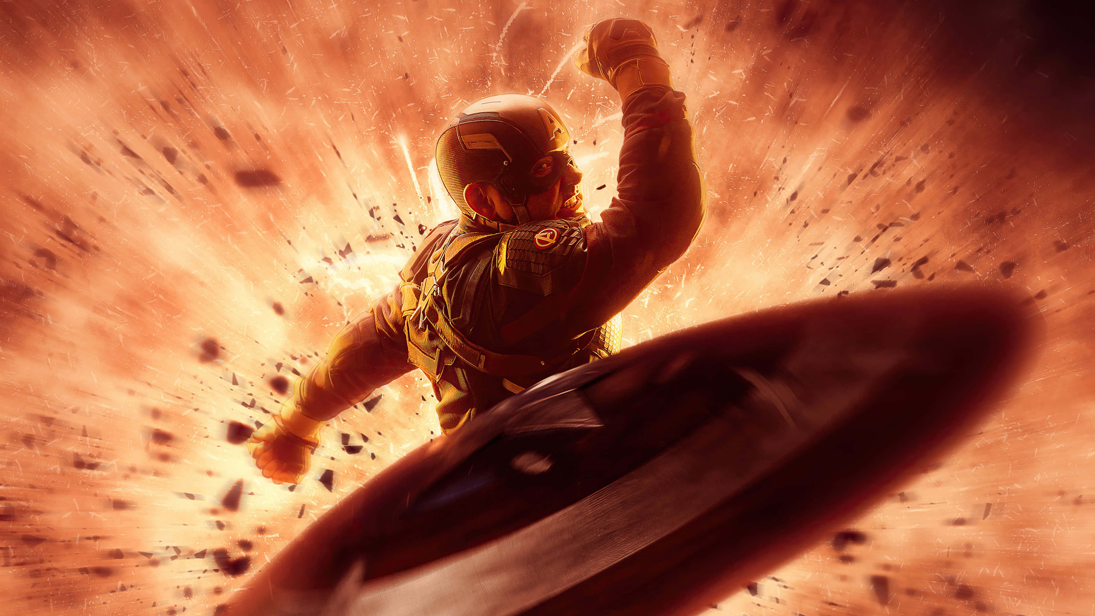 4K Captain America 桌布 壁紙 — 美國隊長手持盾牌，拳頭高舉，以英雄姿態衝破爆炸。