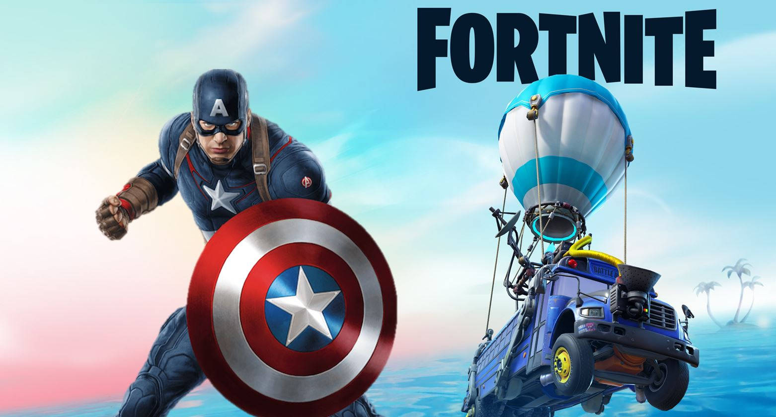 Fortnite 桌布 壁紙 — 美國隊長手持盾牌向前衝，一輛藍色卡車懸掛在熱氣球下，漂浮在熱帶水域上空。