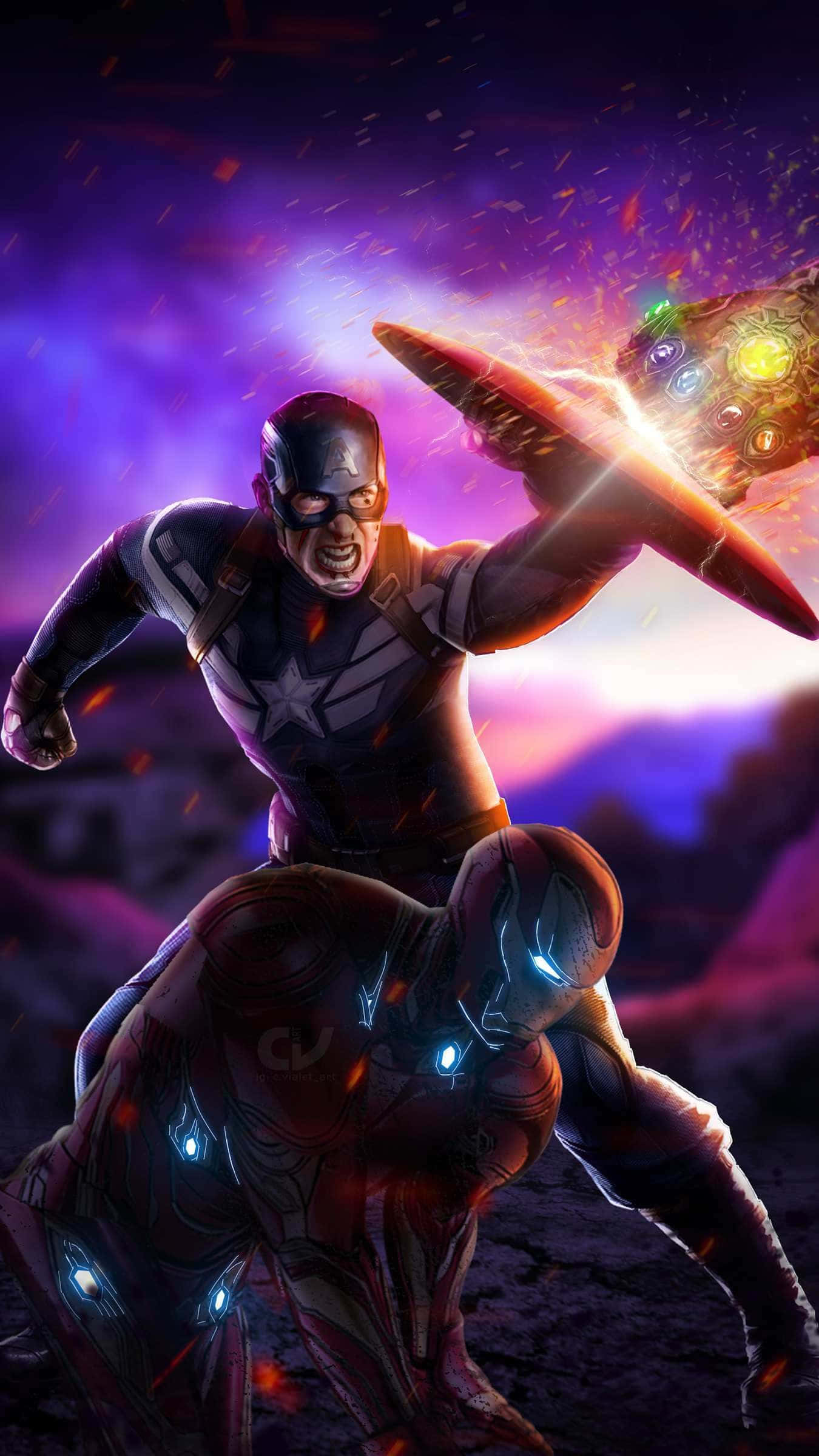 Avengers Endgame iPhone 桌布 壁紙 — 美國隊長手持盾牌向前衝刺，而鋼鐵人則蹲伏在他們下方，四周是色彩繽紛的宇宙能量爆炸。