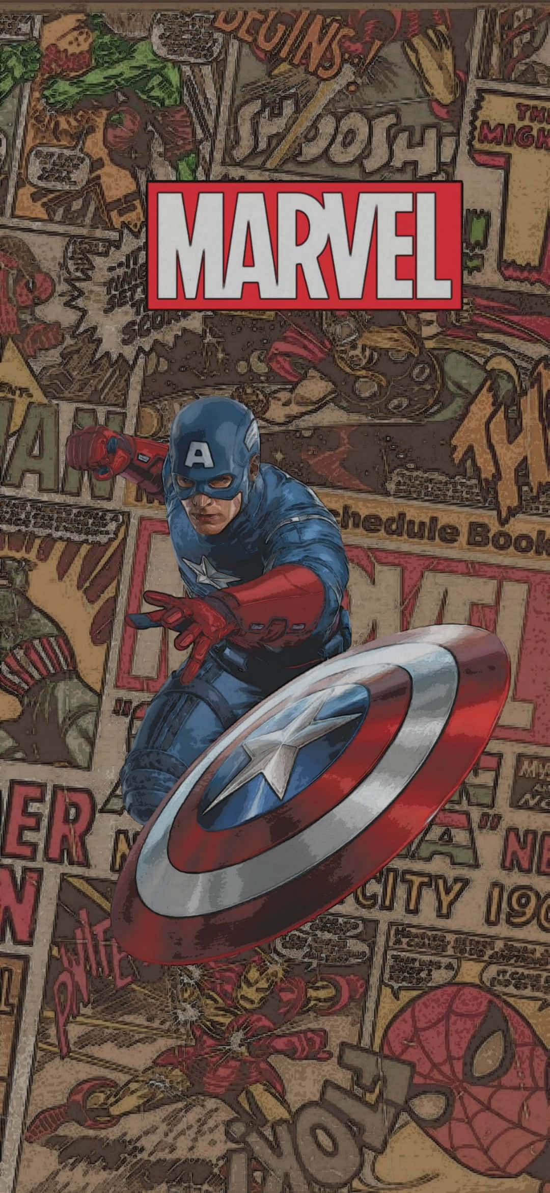 Retro Captain America 桌布 壁紙 — 美國隊長手持盾牌向前躍進，背景是復古漫畫面板和粗體Marvel文字。