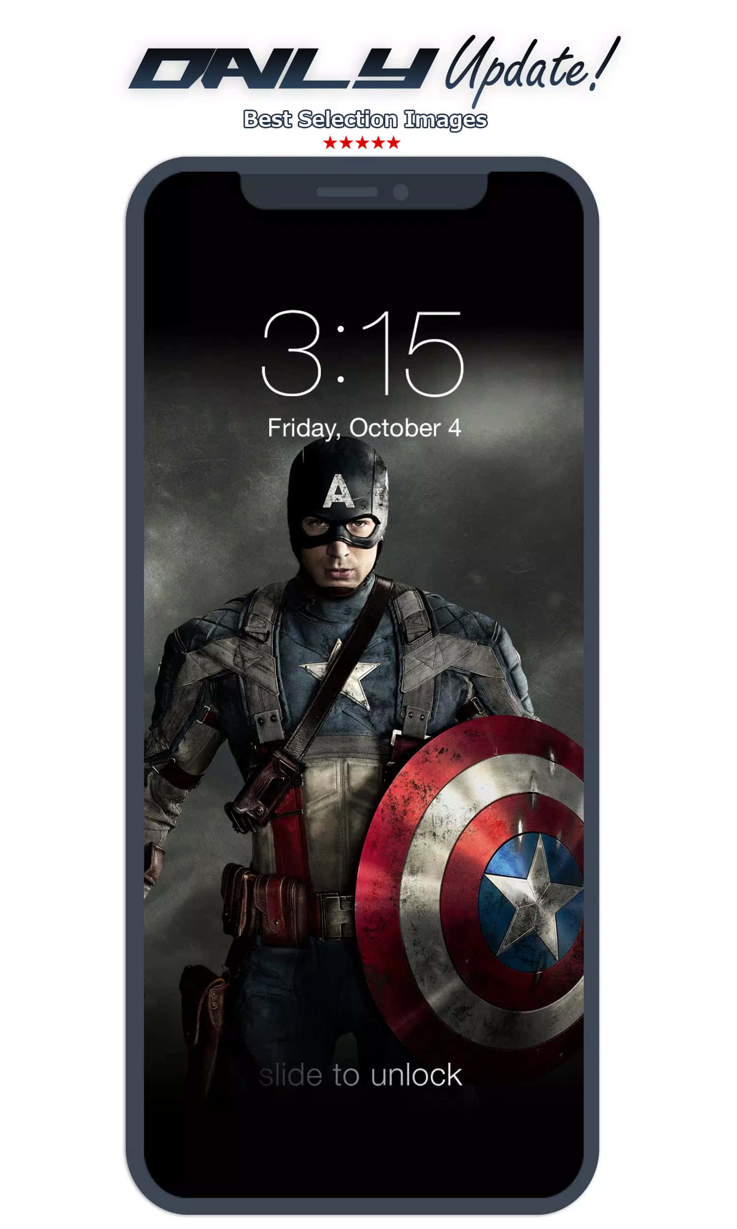 4K Captain America 桌布 壁紙 — 美國隊長手持盾牌站在智慧型手機鎖定畫面上，顯示3:15 10月4日星期五。